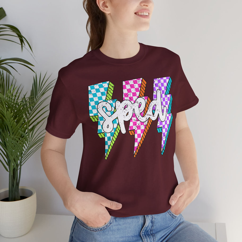 Speed Lightning Tee — Retro Checkerboard Bolt Graphic T-Shirt