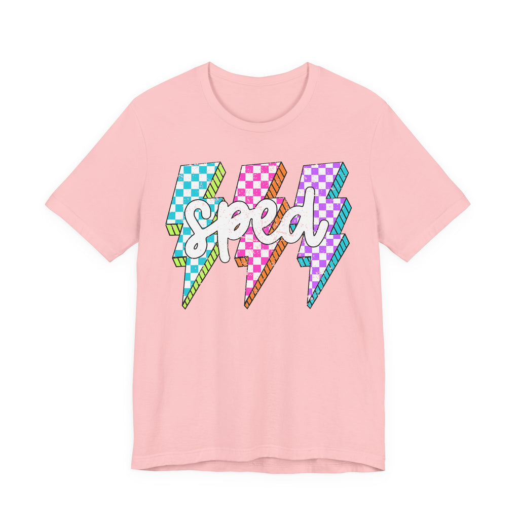Speed Lightning Tee — Retro Checkerboard Bolt Graphic T-Shirt