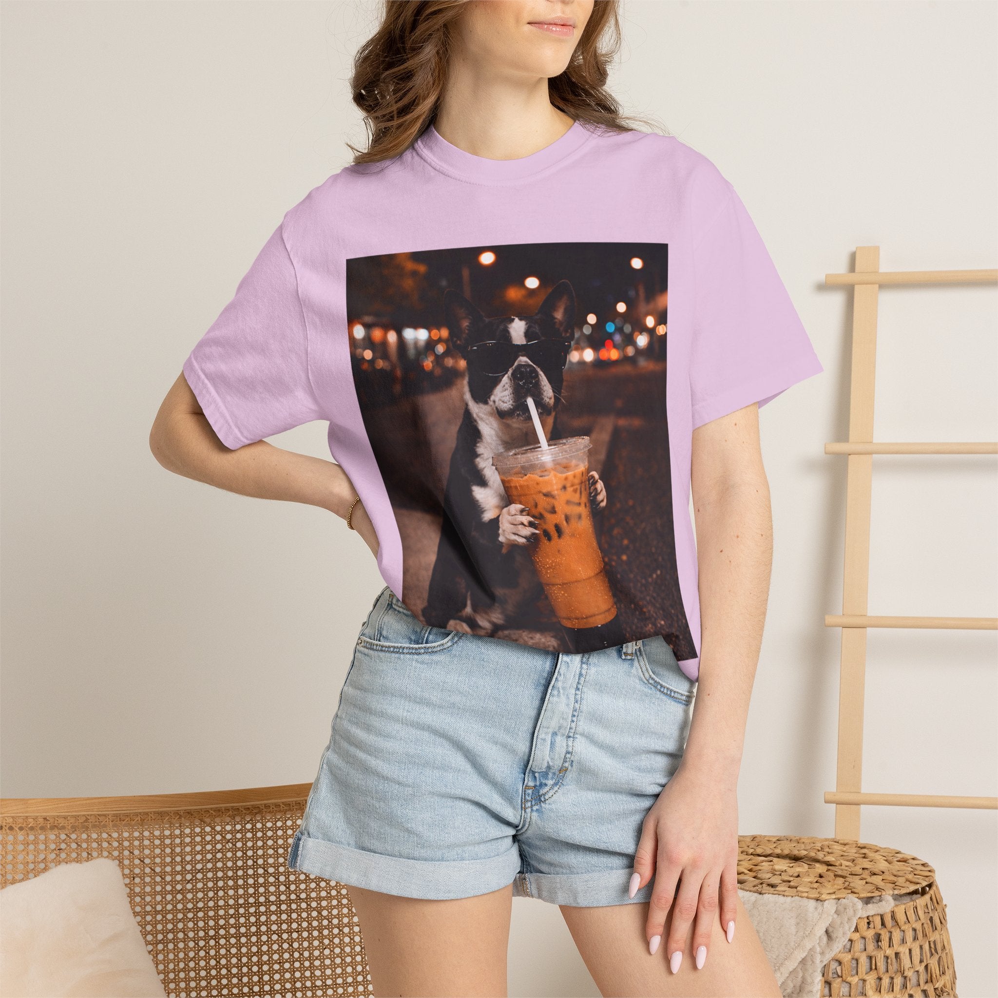 Boston Terrier Sipping Iced Coffee T-Shirt — Cute Dog Photo Tee