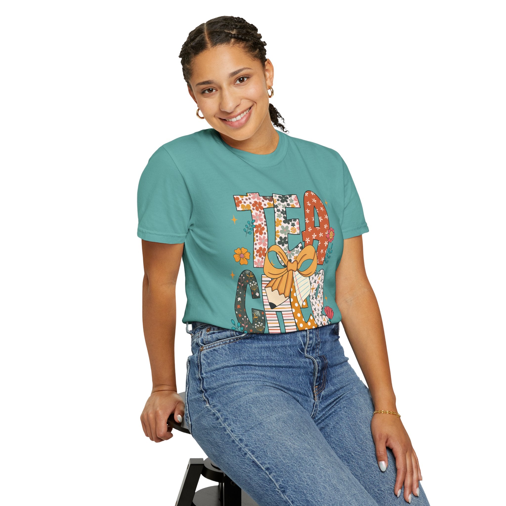 Teacher Graphic T-Shirt — Floral "Teacher" Design with Ribbon