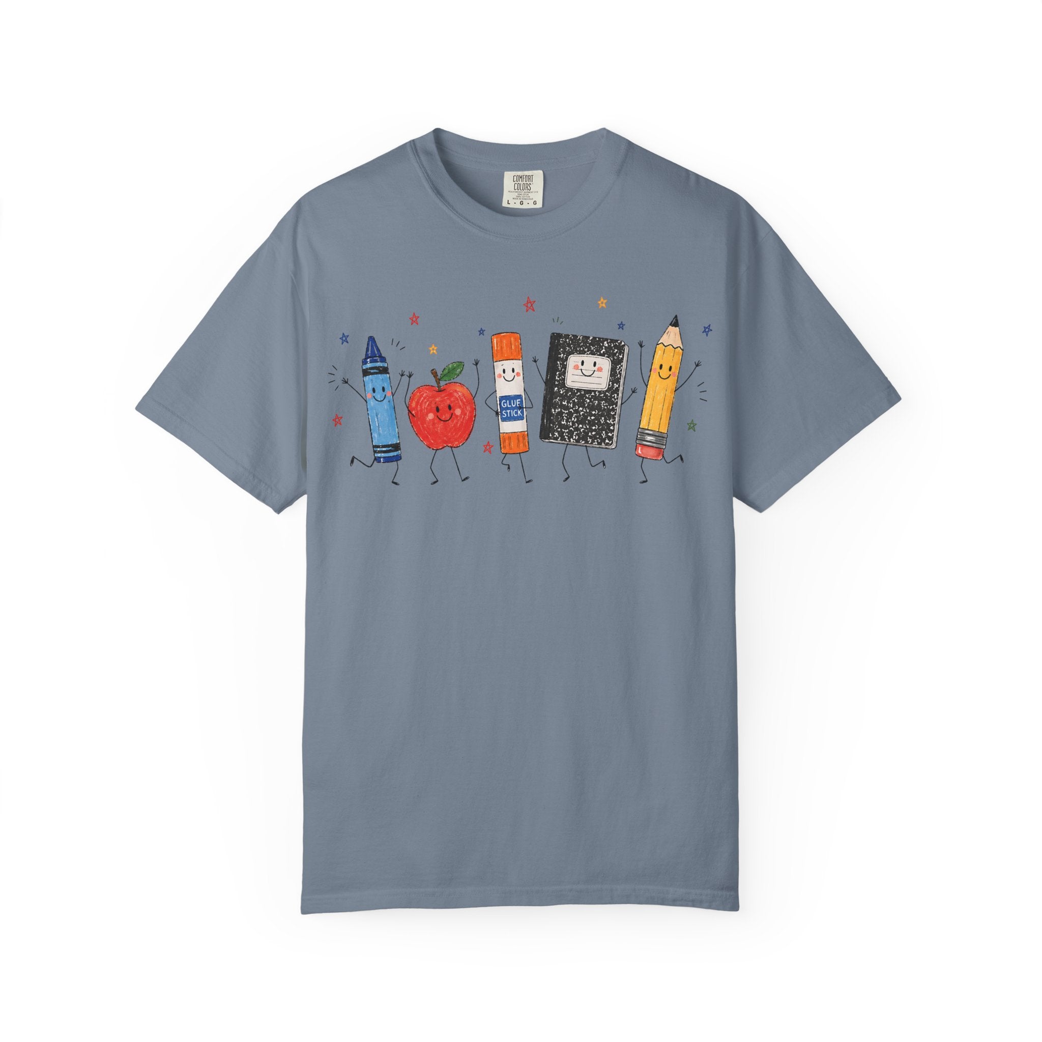 Cute School Supplies Teacher T-Shirt — Happy Apple, Crayon & Pencil Graphic Tee