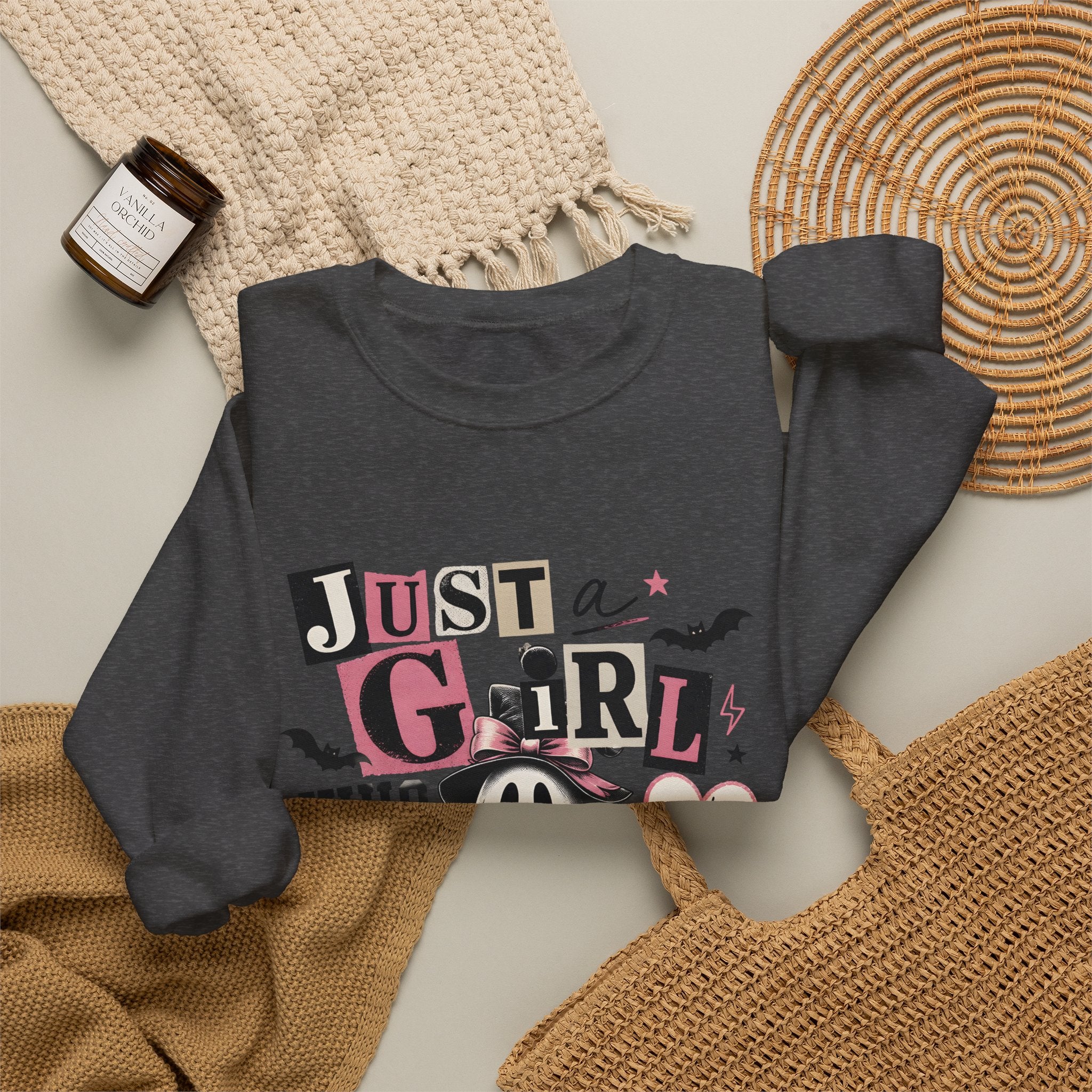 Halloween Sweatshirt — "Just a Girl Who Loves Halloween" Cute Ghost & Pumpkin Crewneck