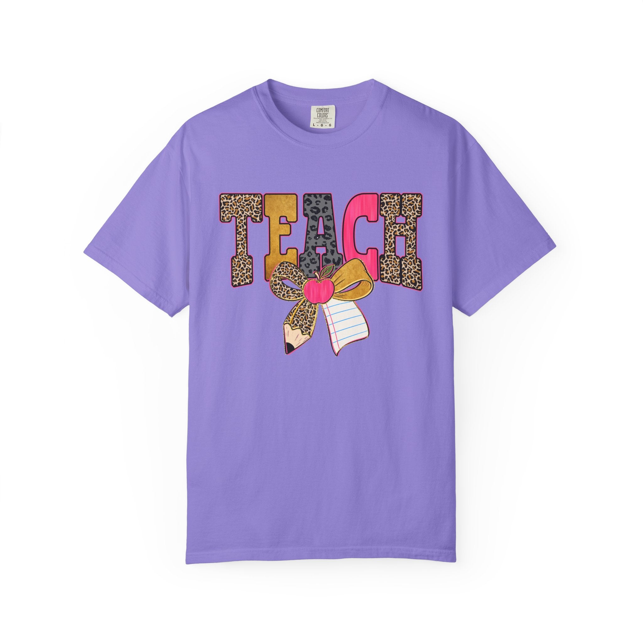 Teacher Graphic Tee — 'TEACH' Leopard Print Pencil Bow Design