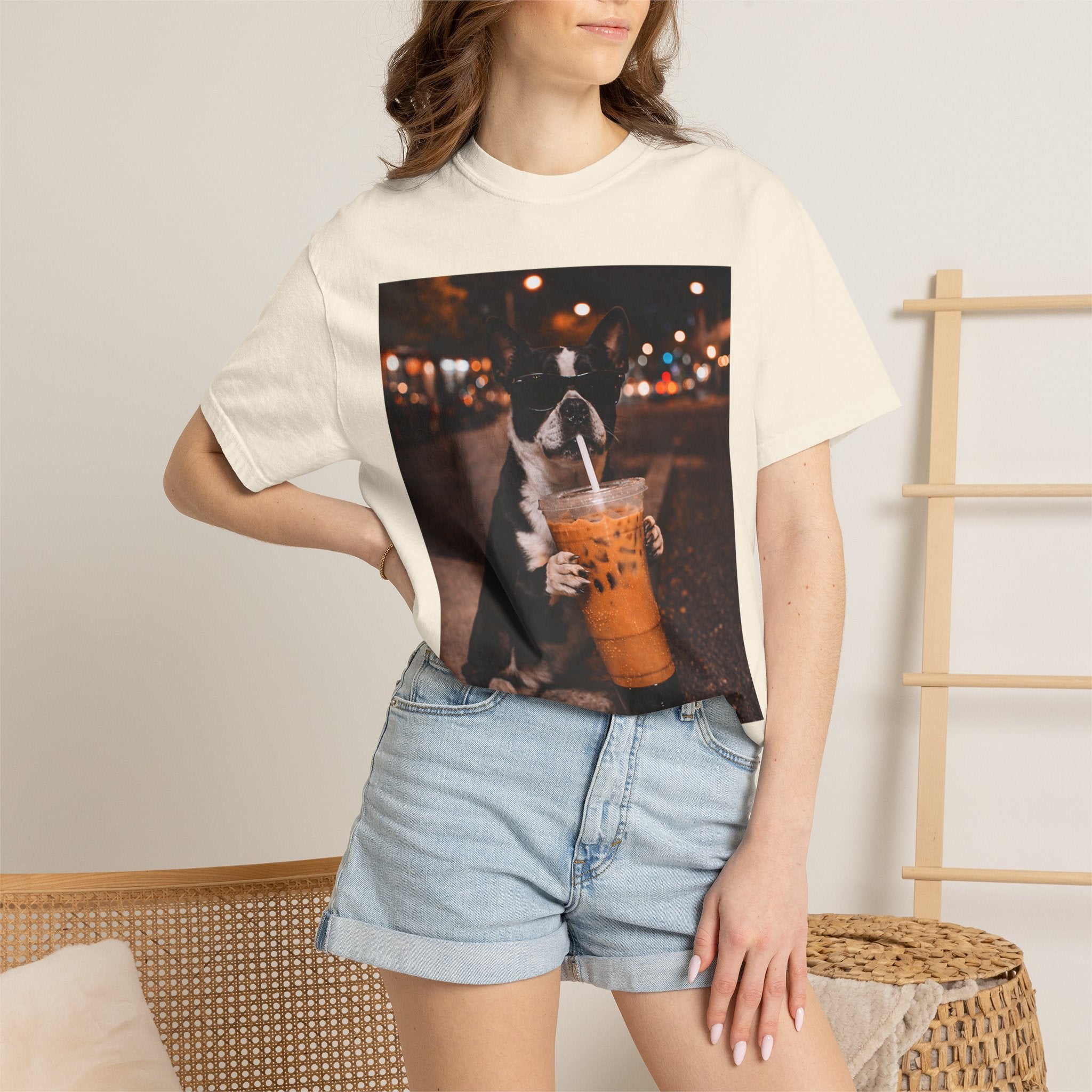 Boston Terrier Sipping Iced Coffee T-Shirt — Cute Dog Photo Tee