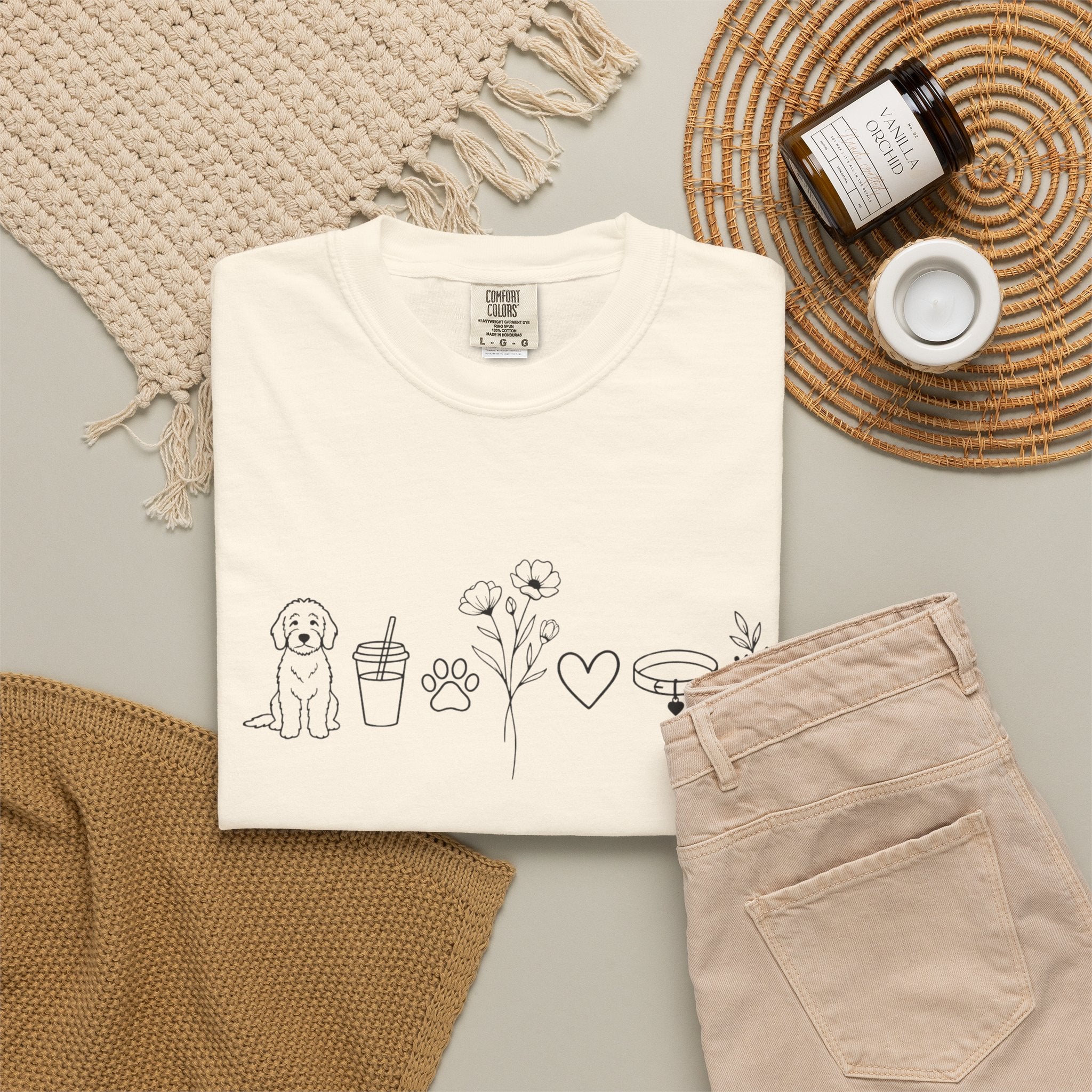 Minimal Doodle and Floral Icons T-Shirt — Coffee, Plants & Dog Line Art Tee