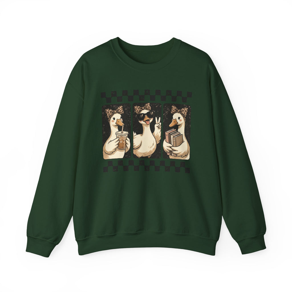 Duck Trio Crewneck Sweatshirt — Vintage Checkered Retro Goose Illustration