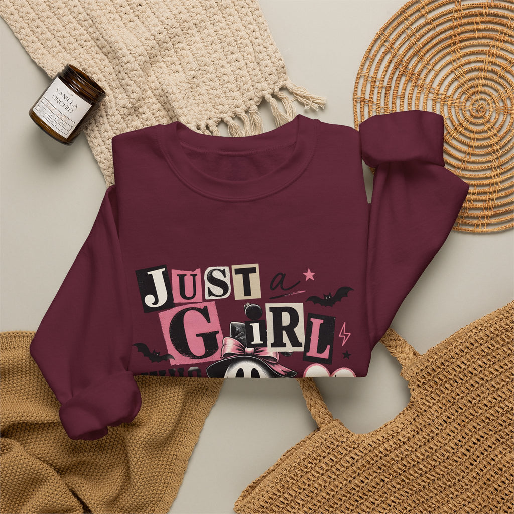 Halloween Sweatshirt — "Just a Girl Who Loves Halloween" Cute Ghost & Pumpkin Crewneck