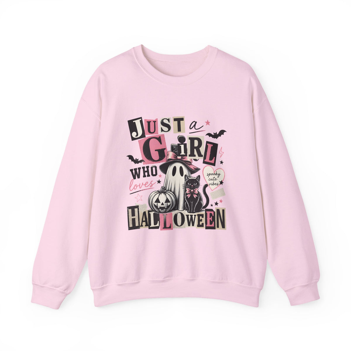 Halloween Sweatshirt — "Just a Girl Who Loves Halloween" Cute Ghost & Pumpkin Crewneck