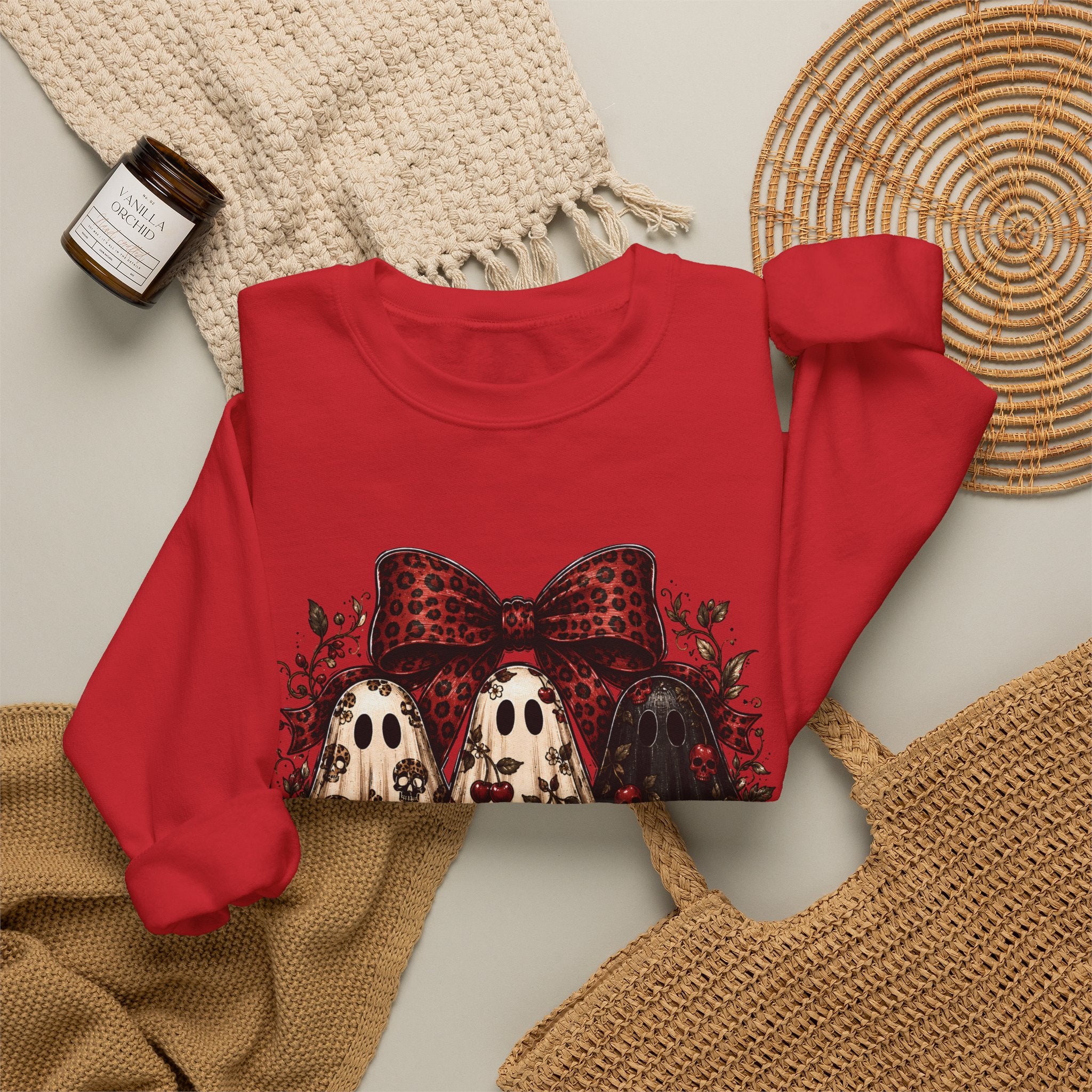 Ghost Trio Floral Crewneck Sweatshirt – Leopard Bow Halloween Pullover