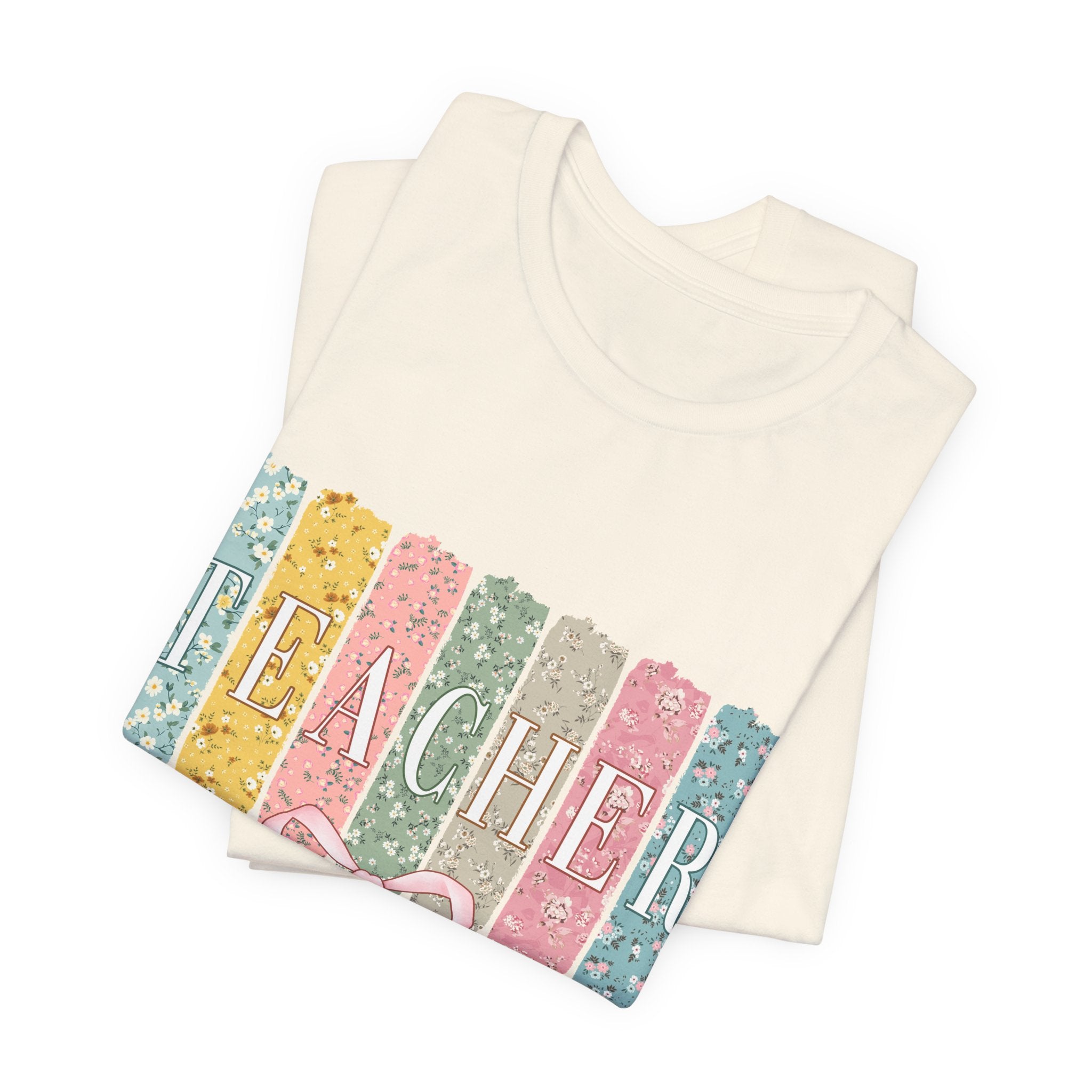 Teacher Floral Stripe T-Shirt - Pastel Ribbon Classroom Gift