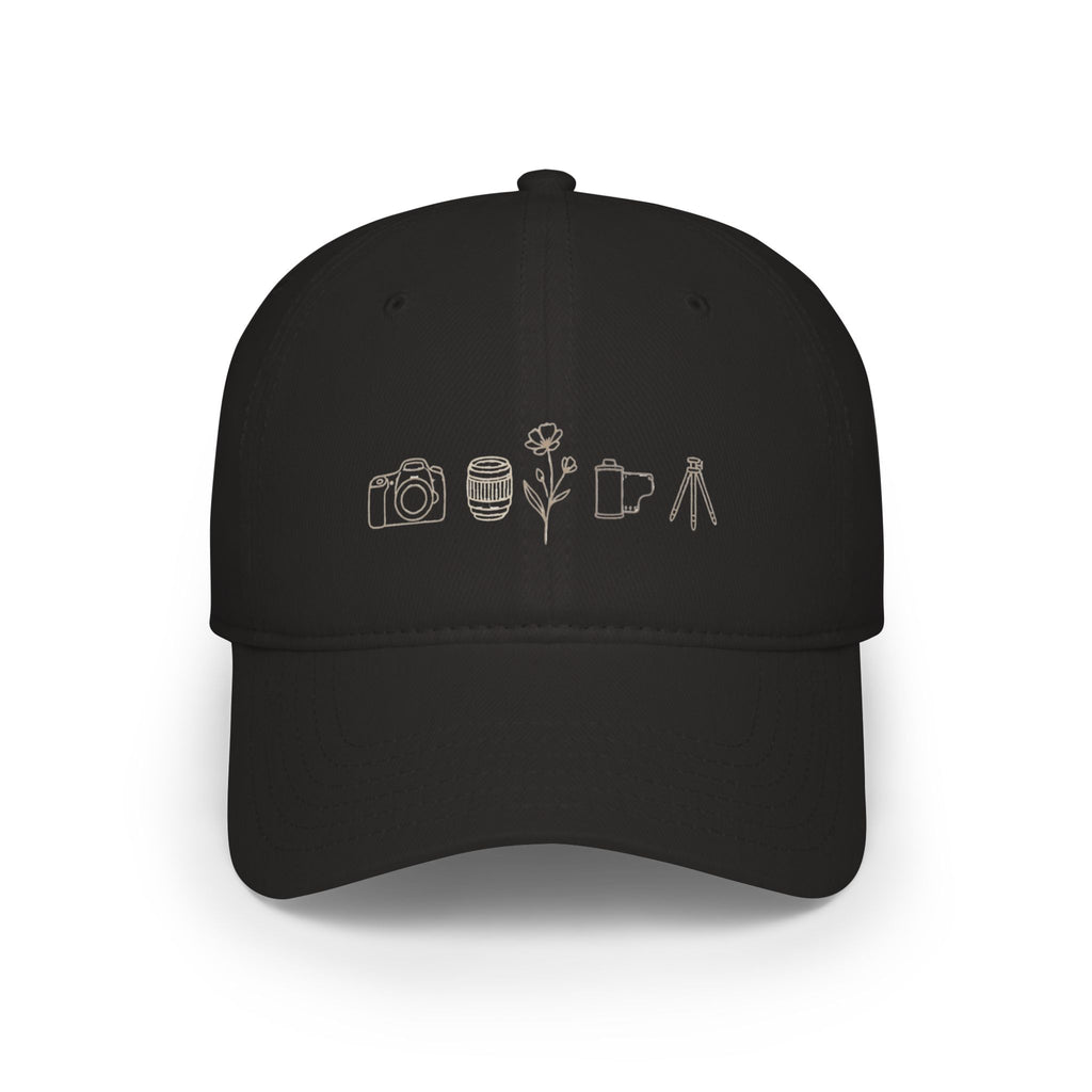 Photographer Icons Low Profile Baseball Cap — Camera, Lens, Tripod Design
