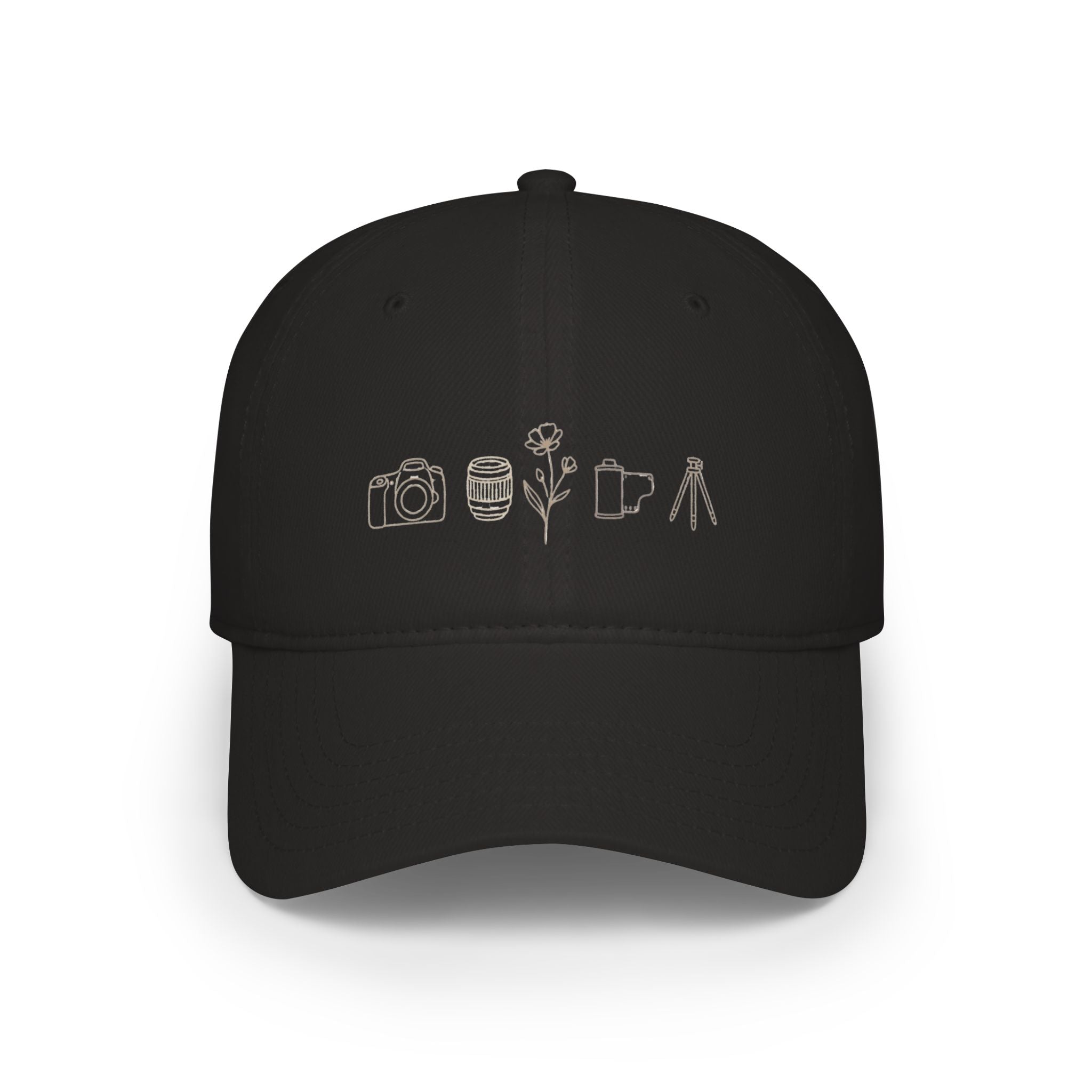 Photographer Icons Low Profile Baseball Cap — Camera, Lens, Tripod Design
