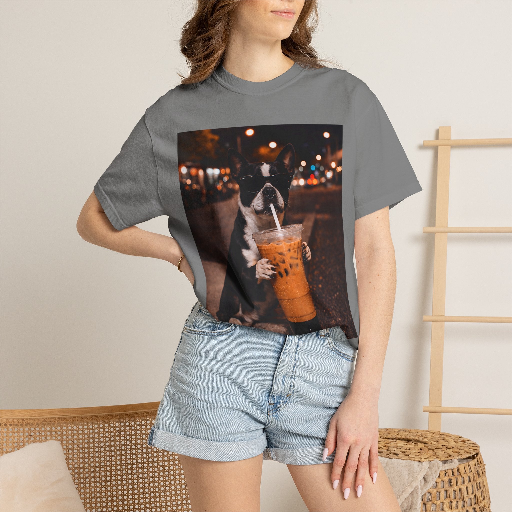 Boston Terrier Sipping Iced Coffee T-Shirt — Cute Dog Photo Tee