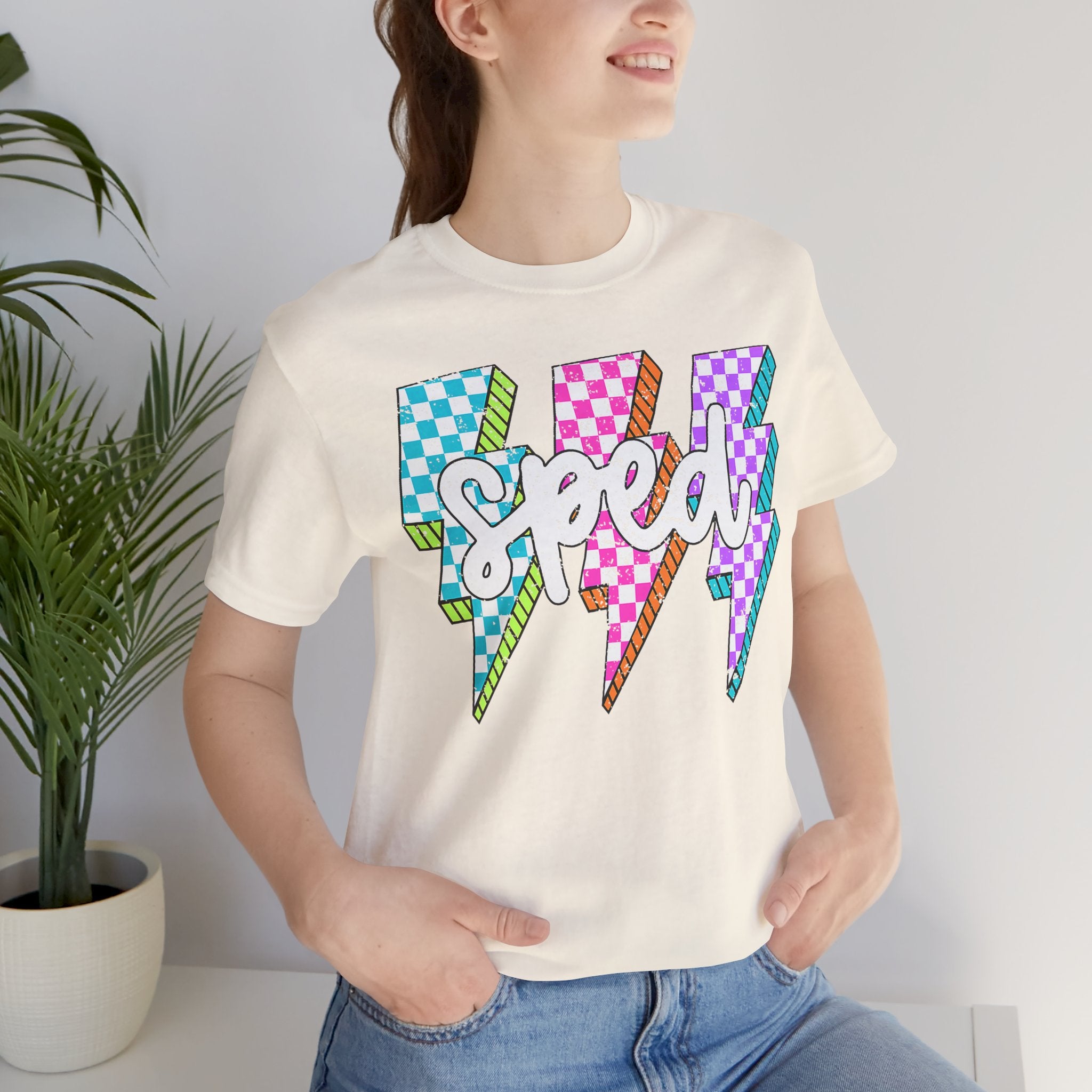 Speed Lightning Tee — Retro Checkerboard Bolt Graphic T-Shirt