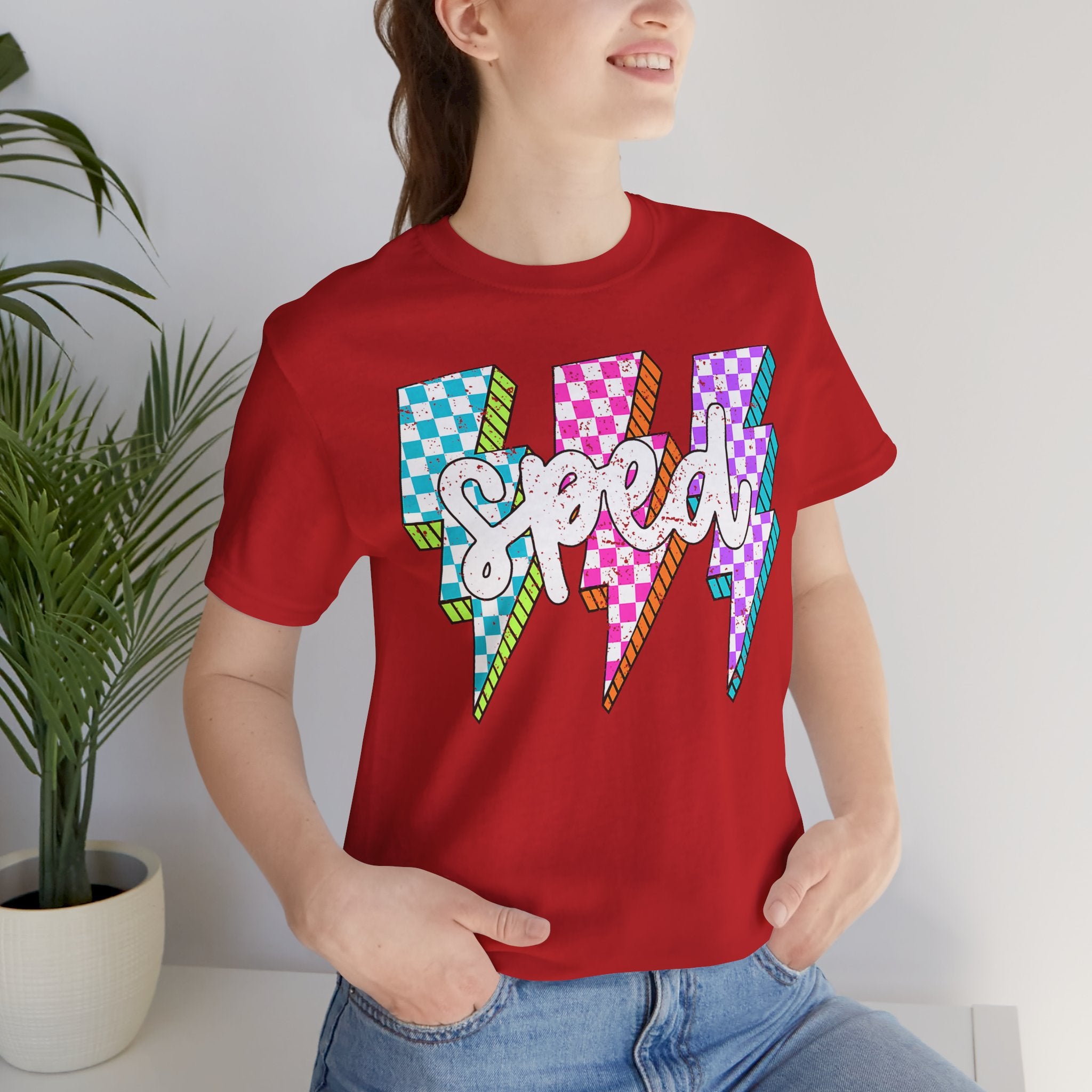 Speed Lightning Tee — Retro Checkerboard Bolt Graphic T-Shirt
