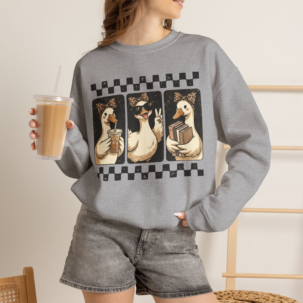 Duck Trio Crewneck Sweatshirt — Vintage Checkered Retro Goose Illustration