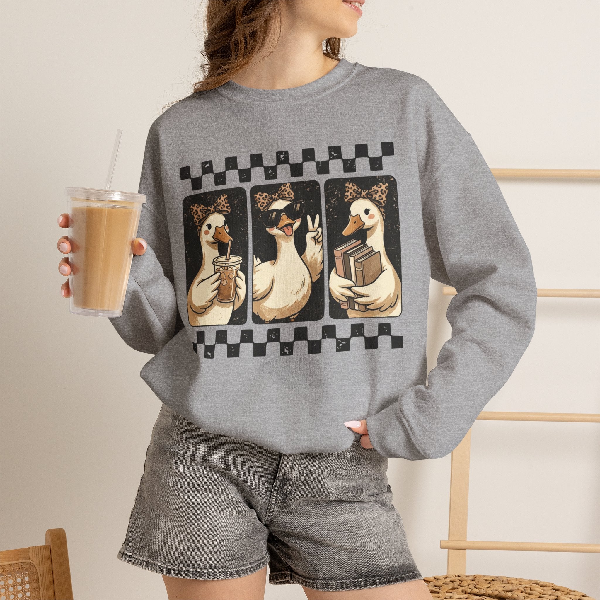 Duck Trio Crewneck Sweatshirt — Vintage Checkered Retro Goose Illustration