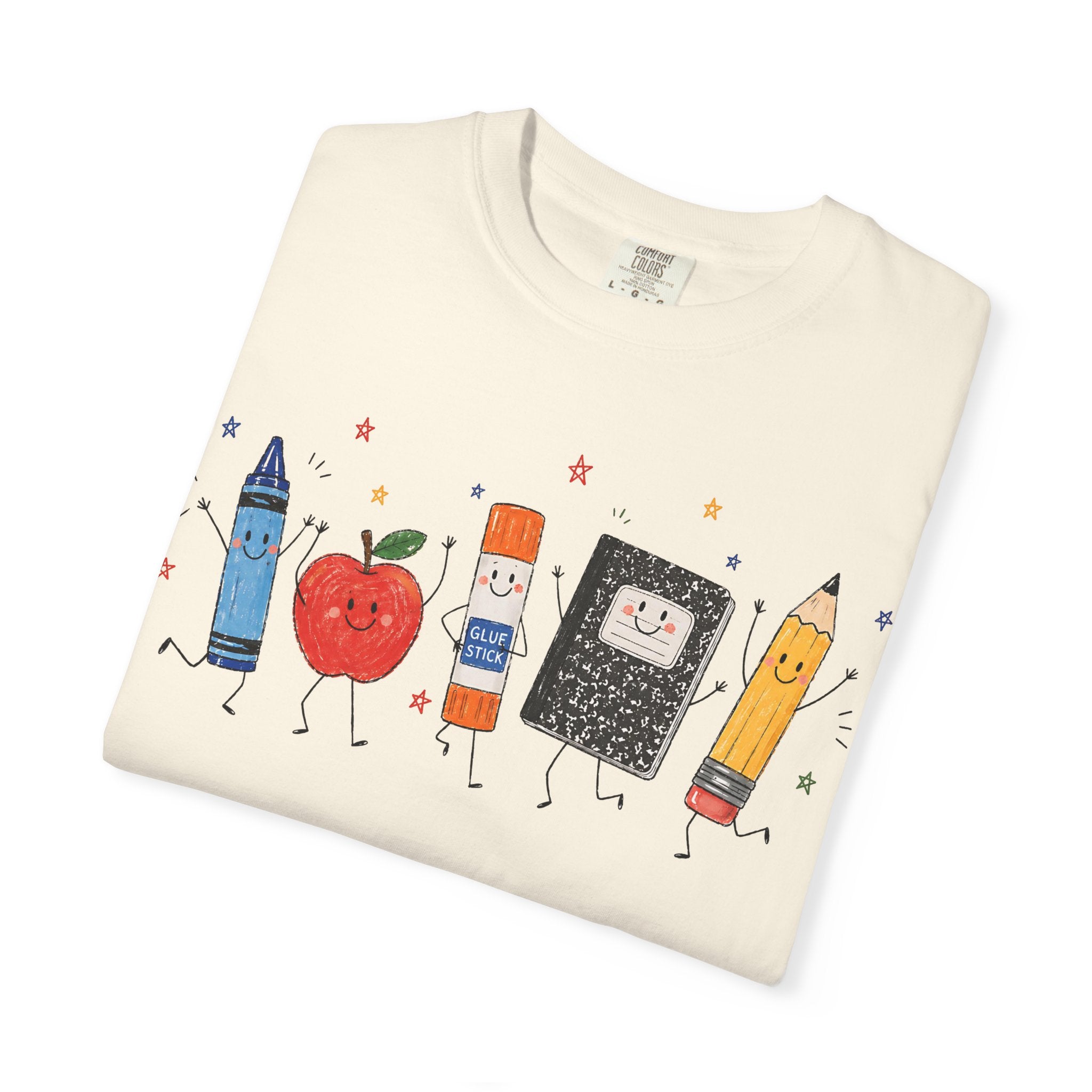 Cute School Supplies Teacher T-Shirt — Happy Apple, Crayon & Pencil Graphic Tee