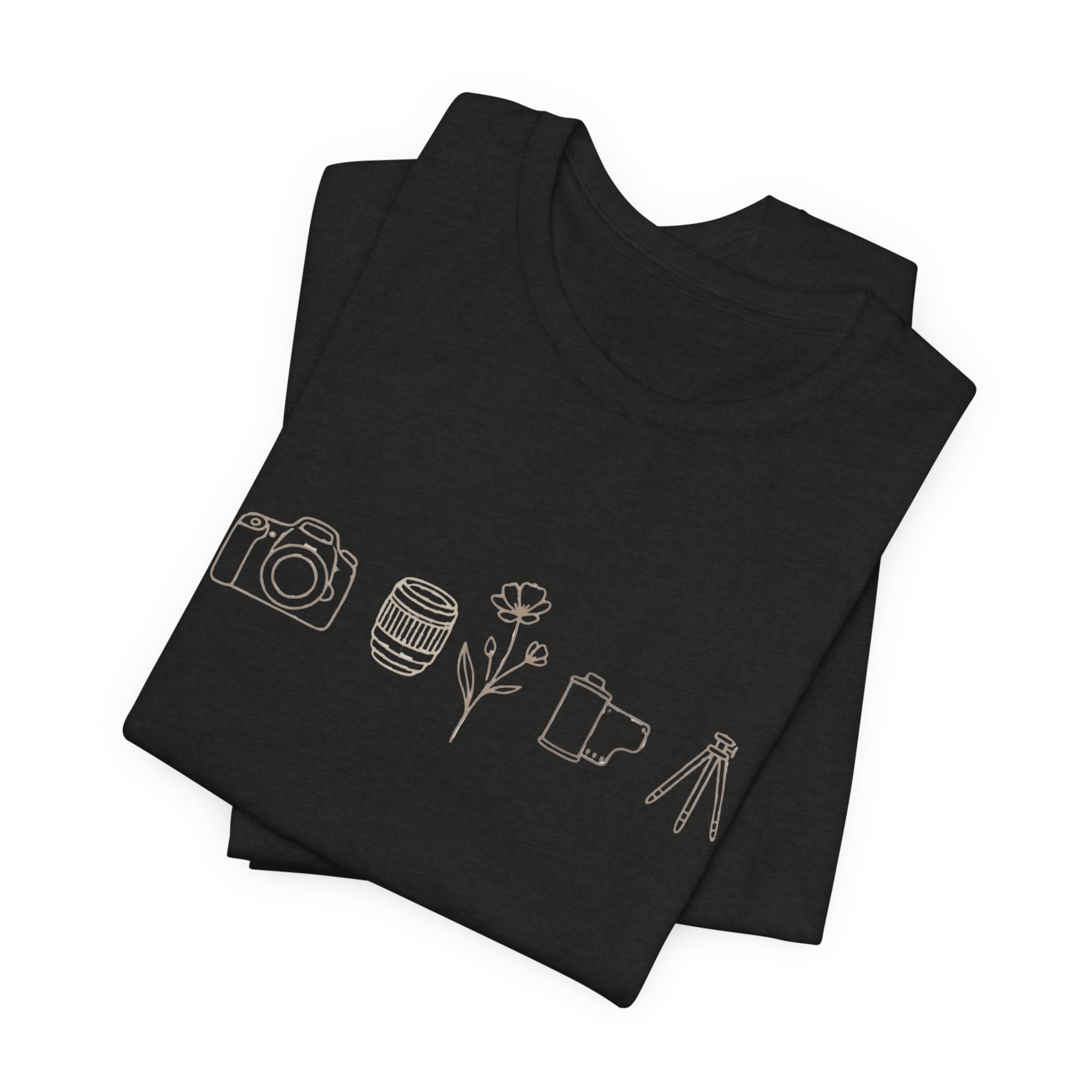 Photography Icons Tee — Minimal Camera, Film, Flower & Tripod Graphic Shirt