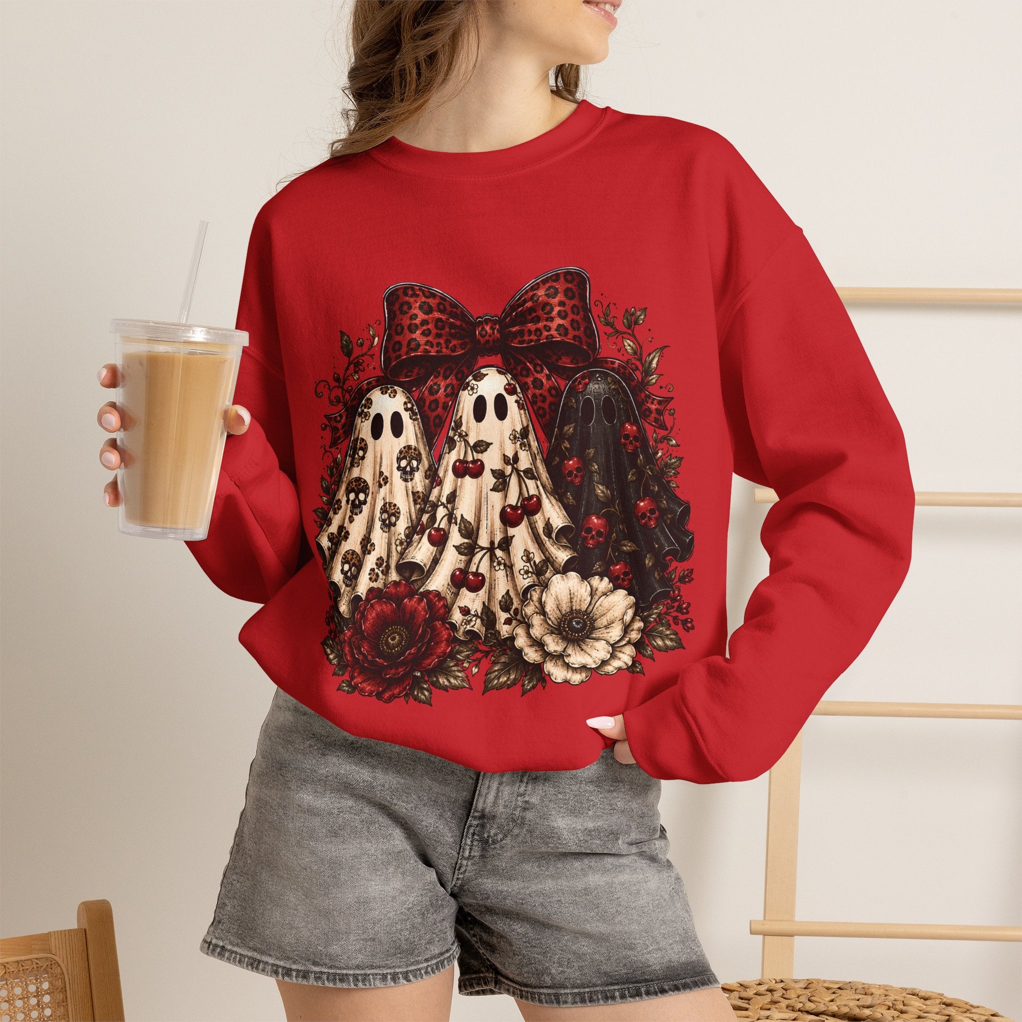 Ghost Trio Floral Crewneck Sweatshirt – Leopard Bow Halloween Pullover