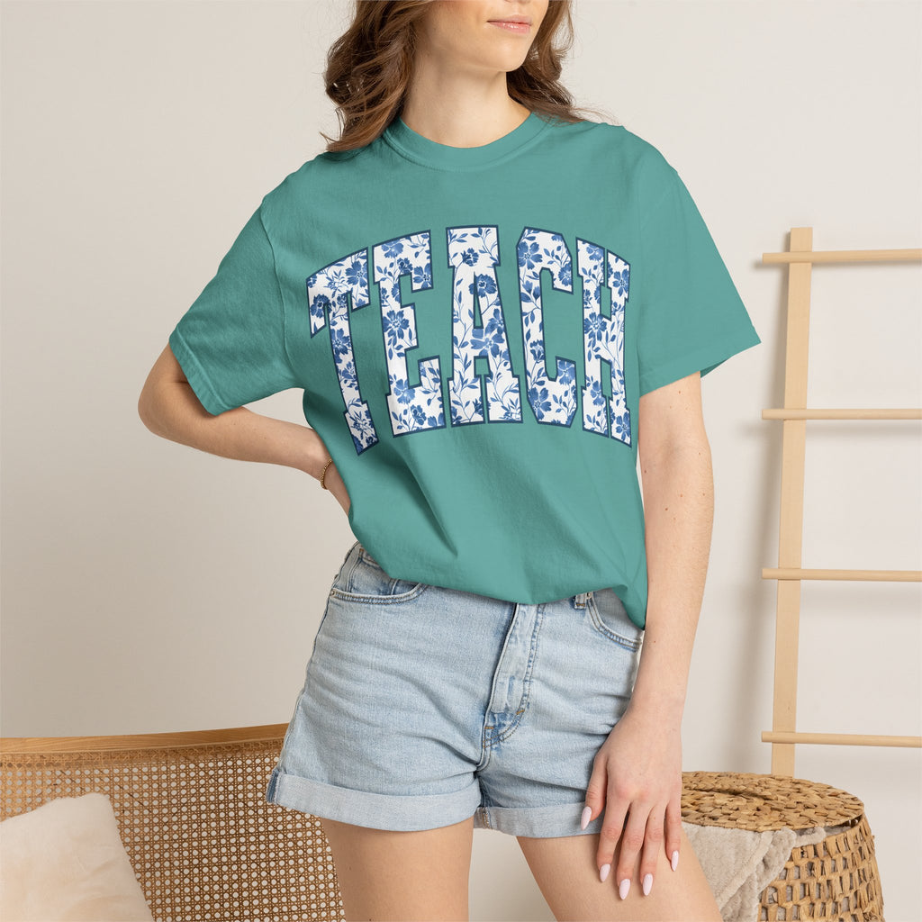 Teacher Floral Arch T-Shirt — 'TEACH' Blue Floral Print Tee
