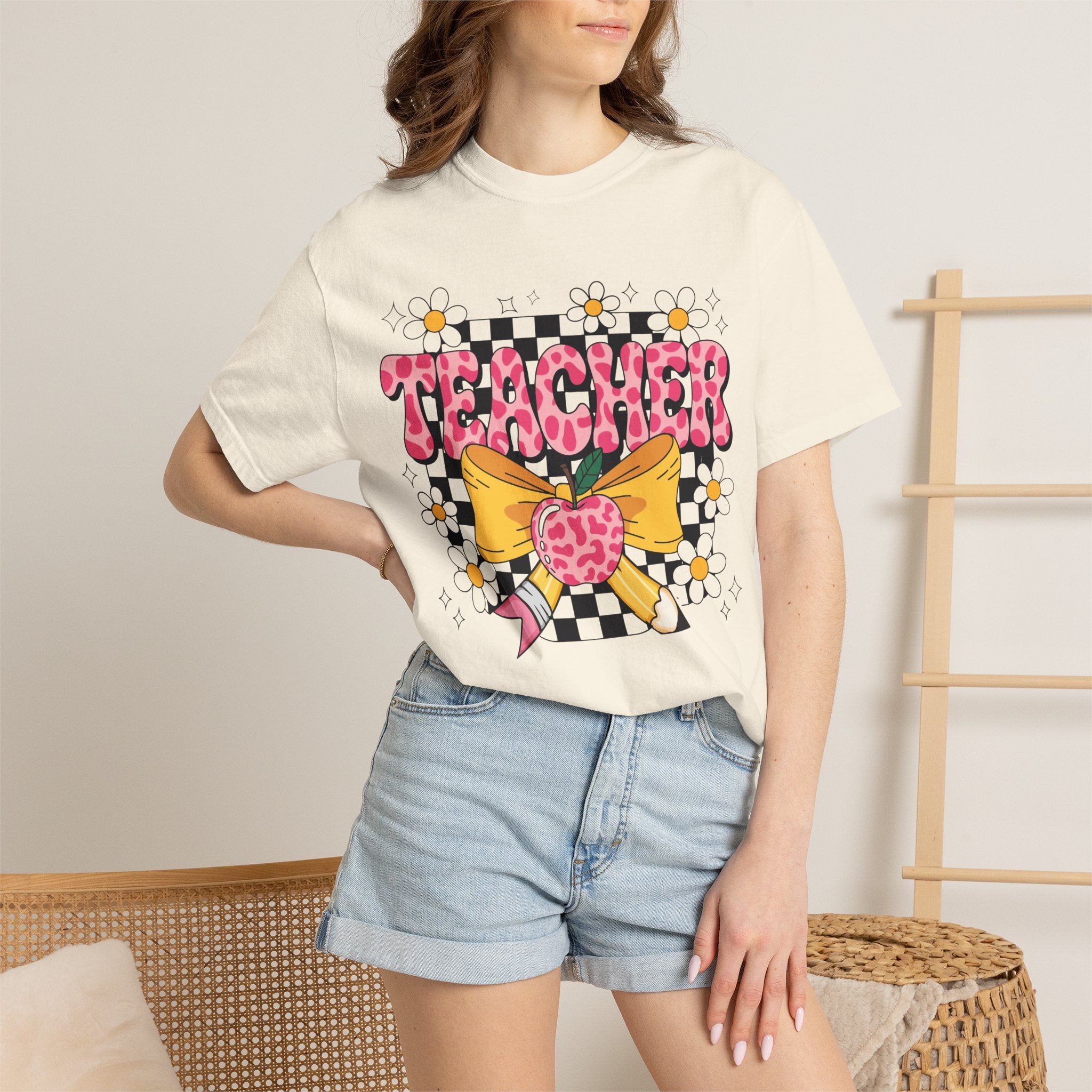 Teacher Floral Bow T‑Shirt — Cute Checkerboard & Heart Design for Educators