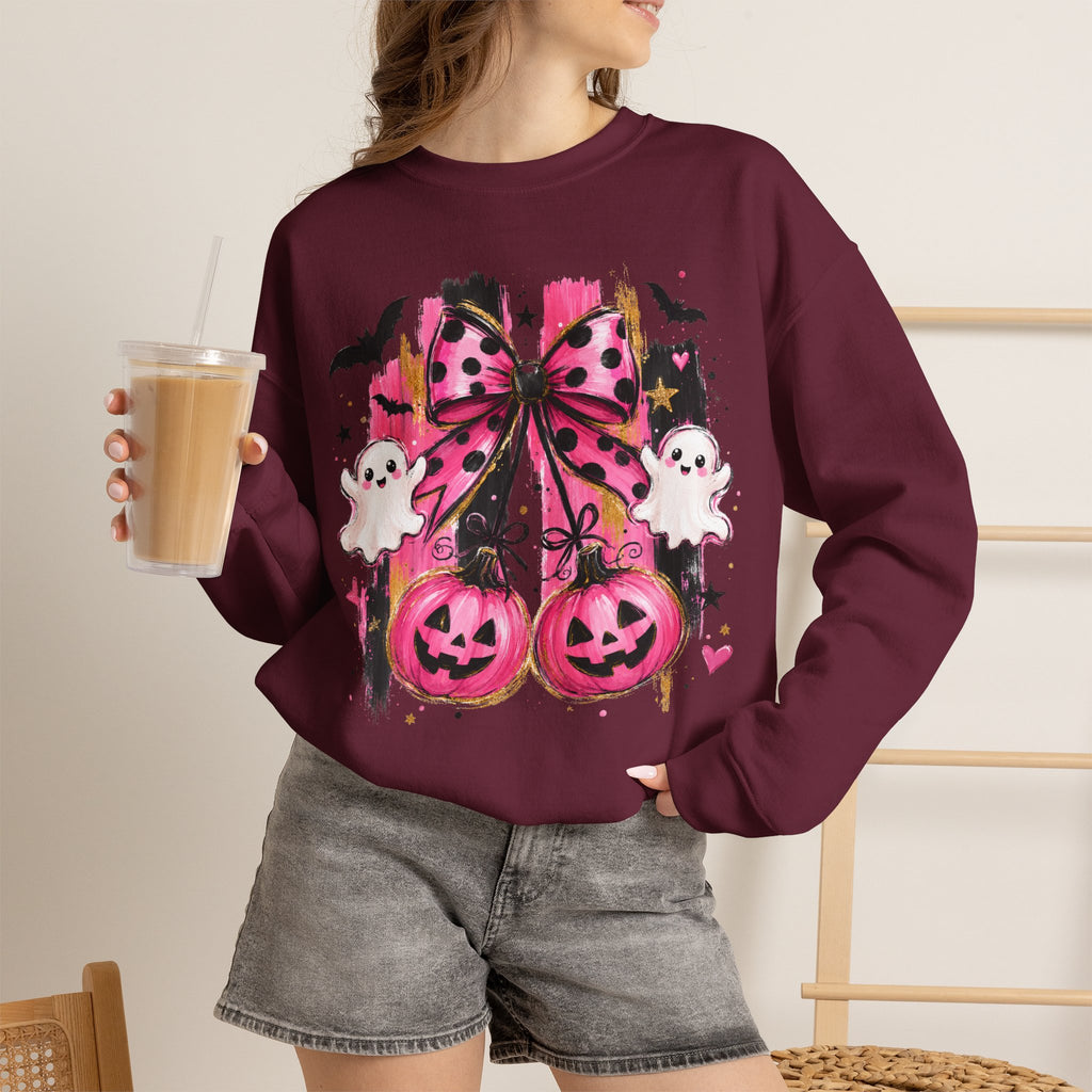 Halloween Pink Pumpkins Crewneck Sweatshirt — Cute Ghosts & Polka Dot Bow Design