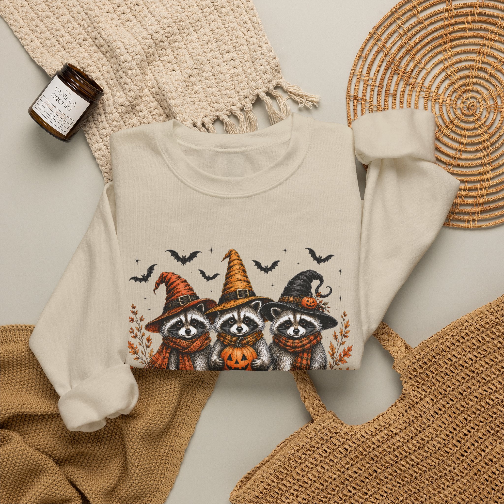 Halloween Raccoon Crewneck Sweatshirt — Cute Witch Hats & Pumpkin Design