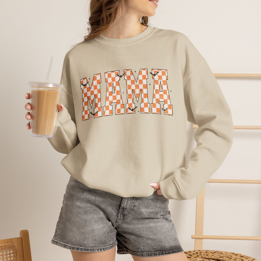 Mama Checkerboard Halloween Sweatshirt – Retro Orange Plaid Mama Pullover