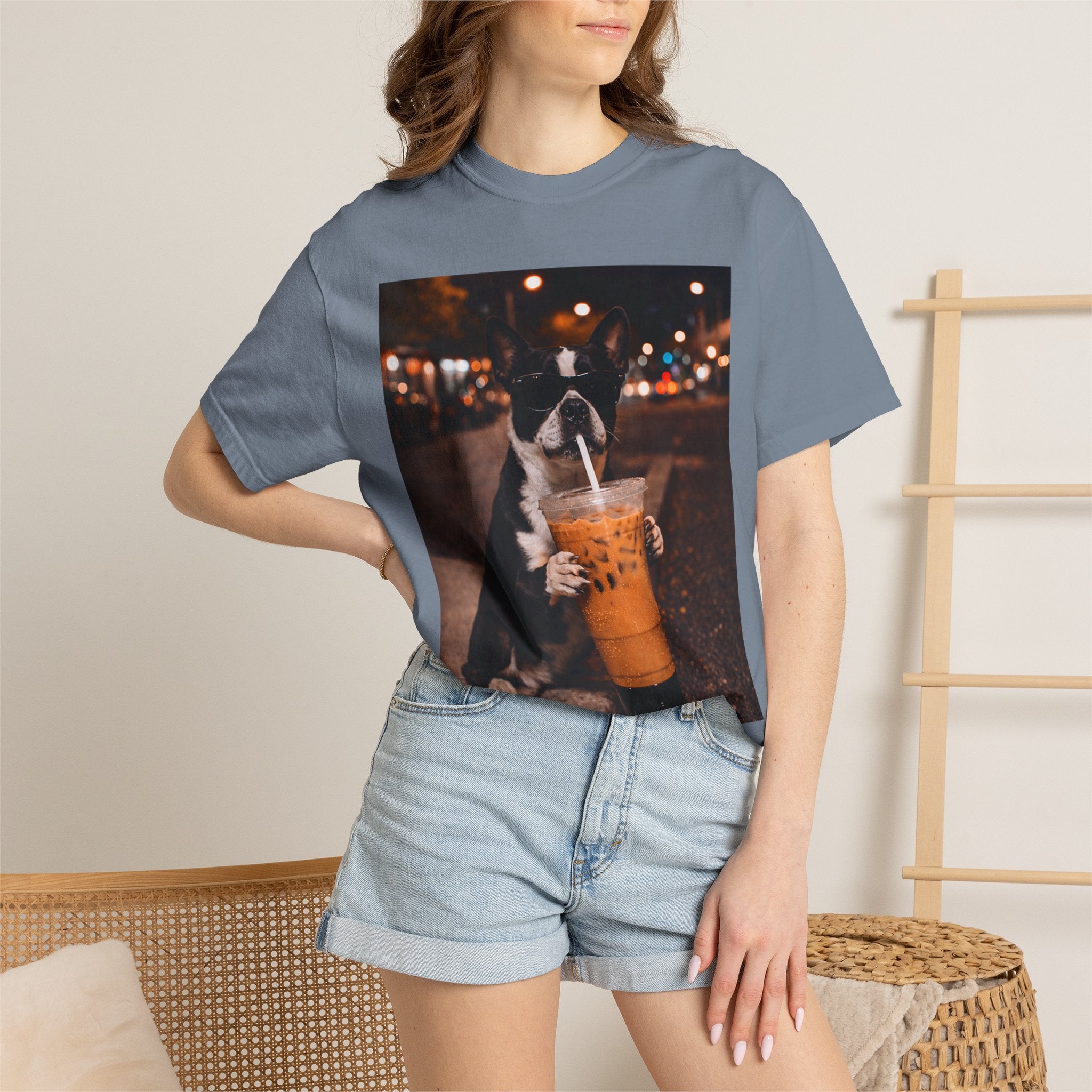 Boston Terrier Sipping Iced Coffee T-Shirt — Cute Dog Photo Tee