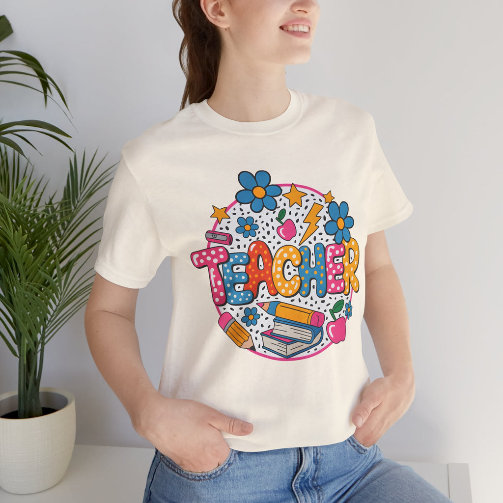 Teacher Doodle Graphic Tee — Colorful School Supplies Design