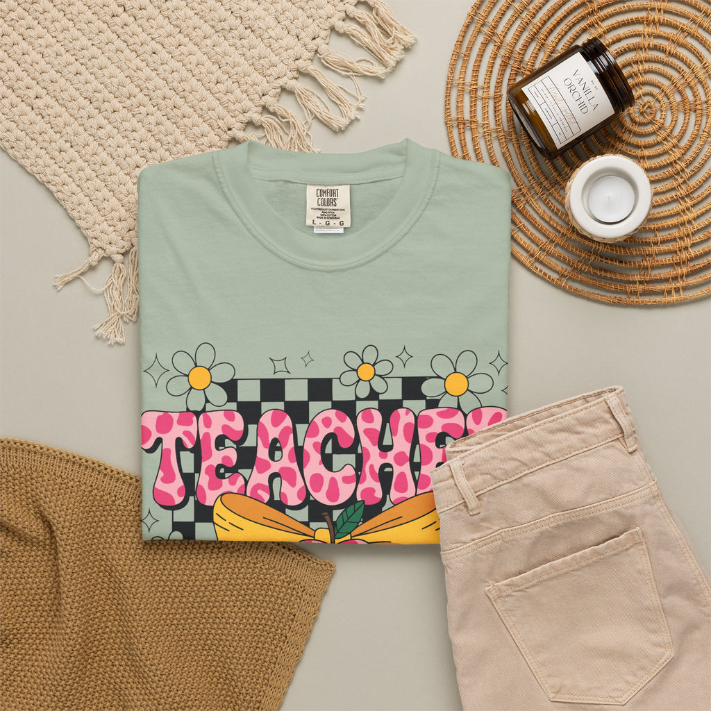 Teacher Floral Bow T‑Shirt — Cute Checkerboard & Heart Design for Educators
