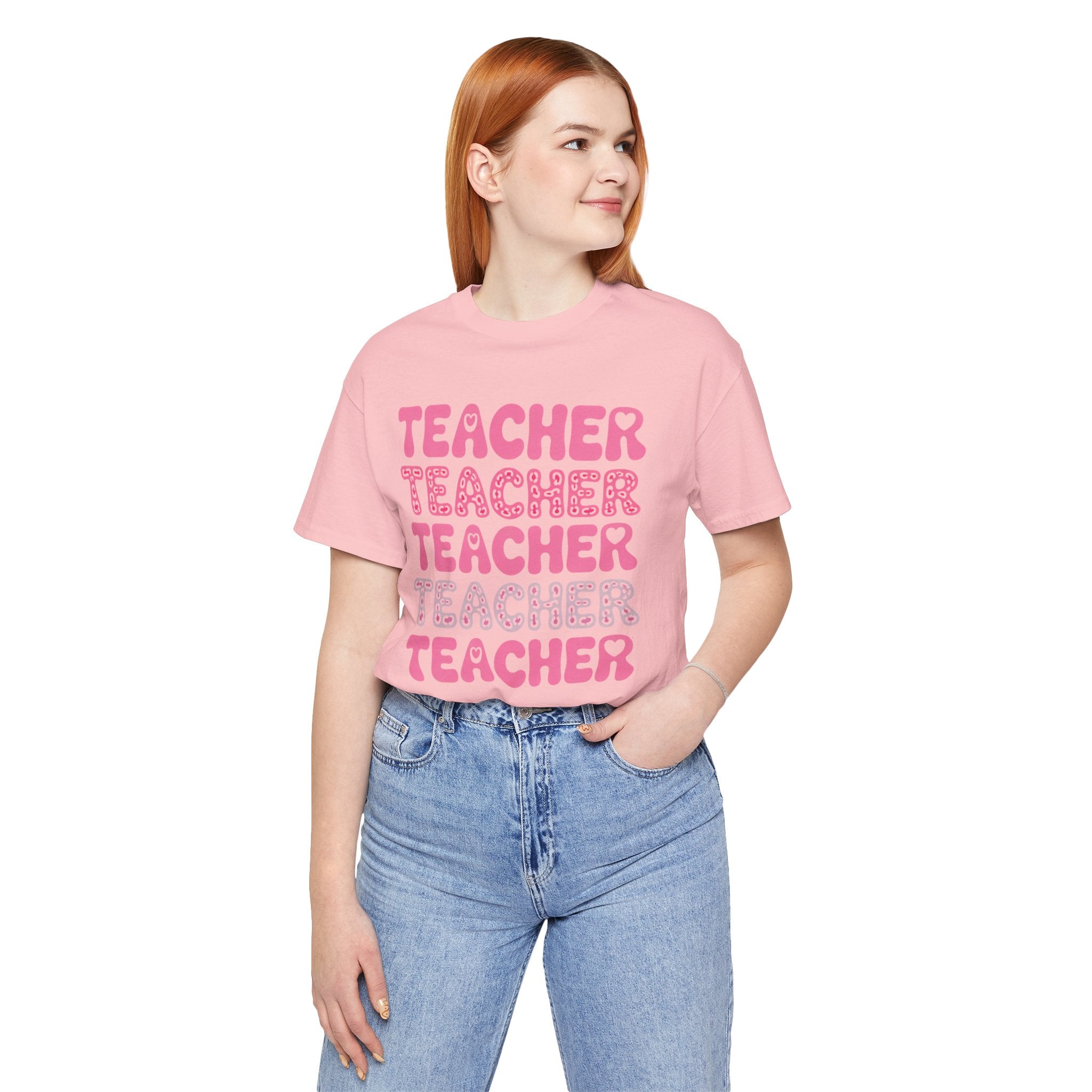 Teacher Repeating Pink Typography T‑Shirt