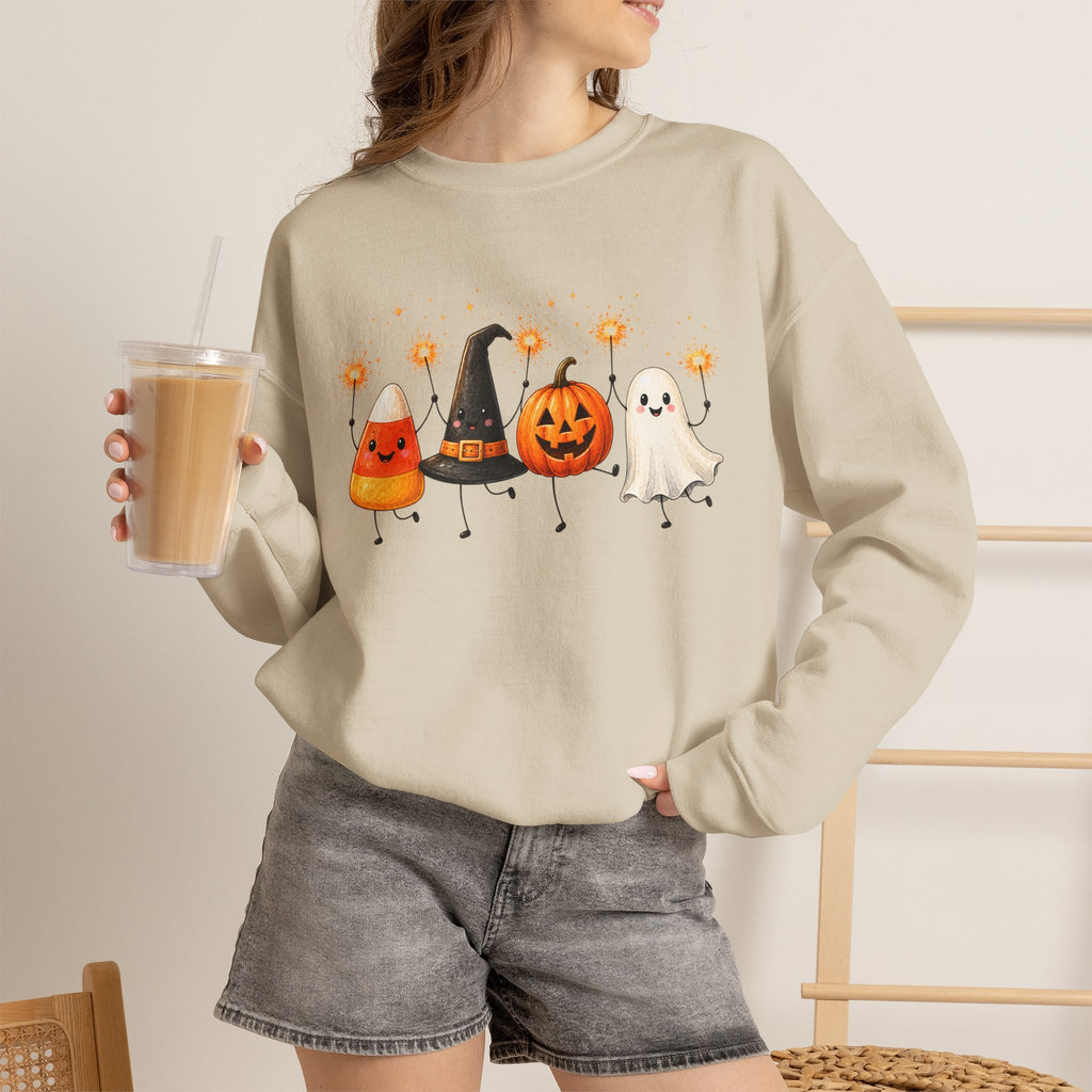 Halloween Friends Crewneck Sweatshirt — Cute Candy Corn, Witch Hat, Jack-o'-Lantern & Ghost Design
