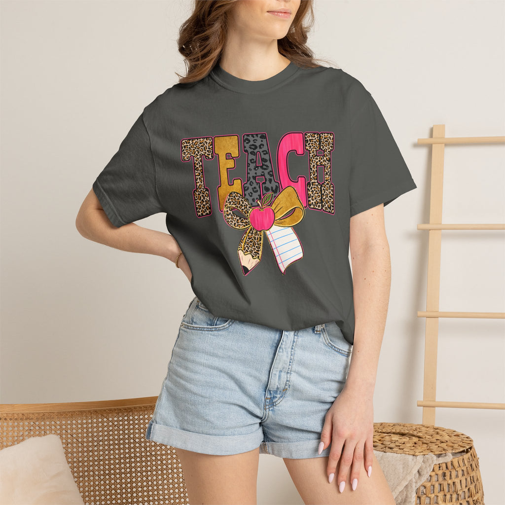 Teacher Graphic Tee — 'TEACH' Leopard Print Pencil Bow Design