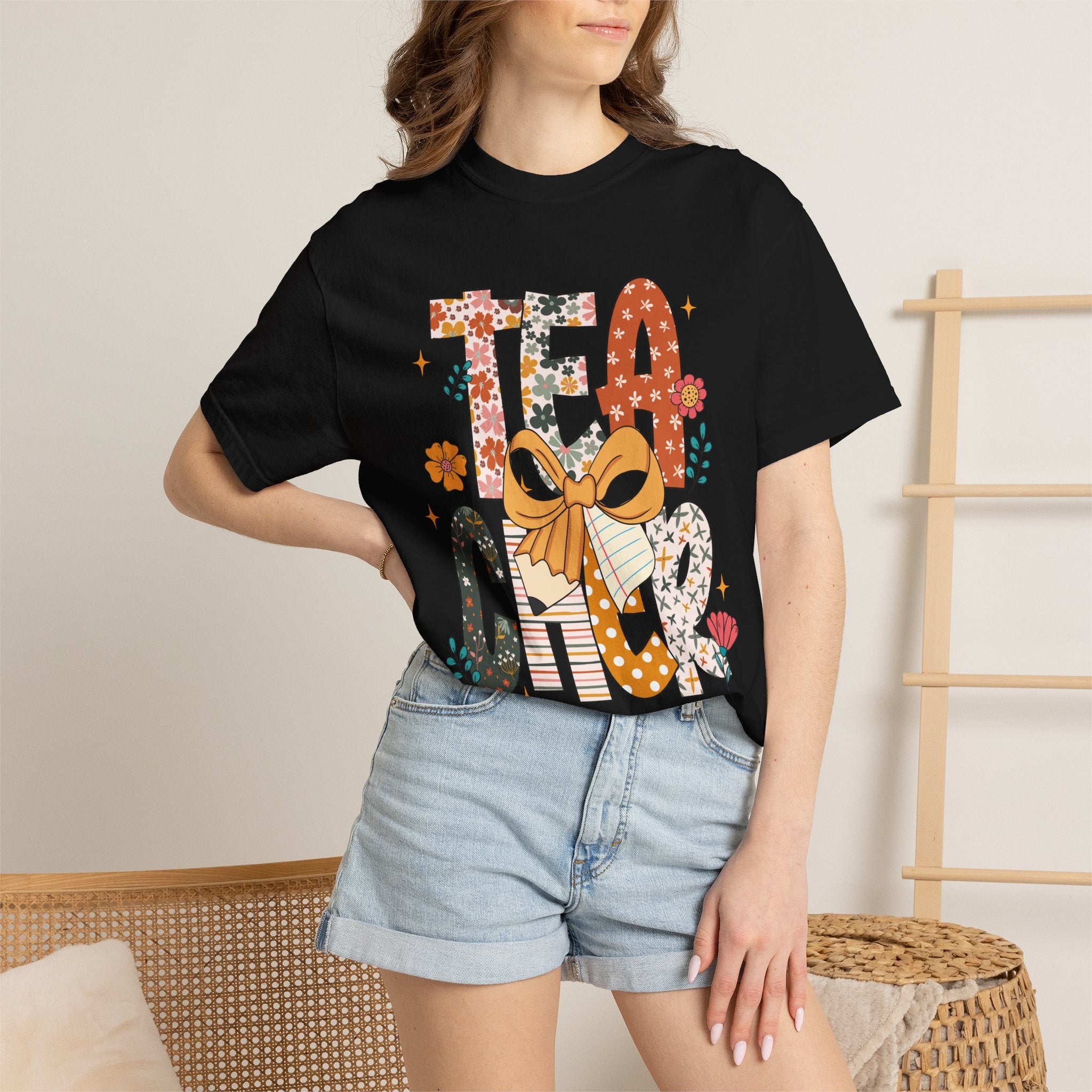Teacher Graphic T-Shirt — Floral "Teacher" Design with Ribbon