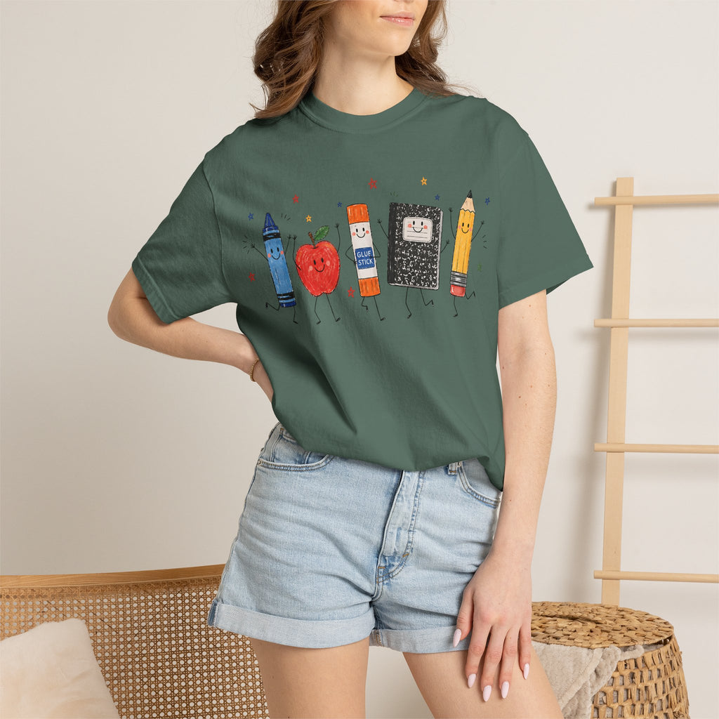 Cute School Supplies Teacher T-Shirt — Happy Apple, Crayon & Pencil Graphic Tee