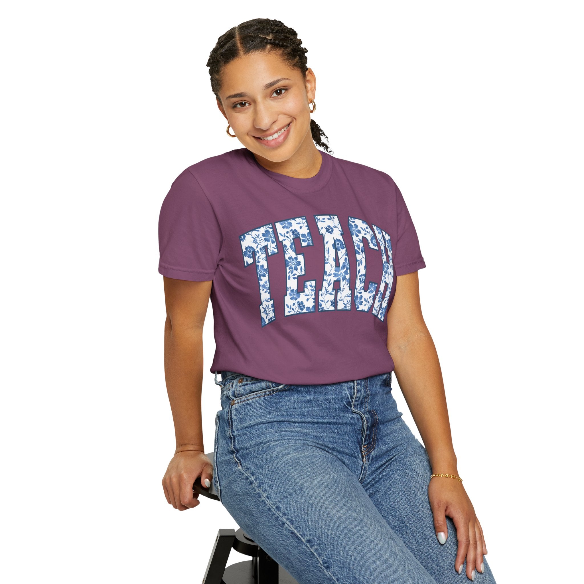 Teacher Floral Arch T-Shirt — 'TEACH' Blue Floral Print Tee