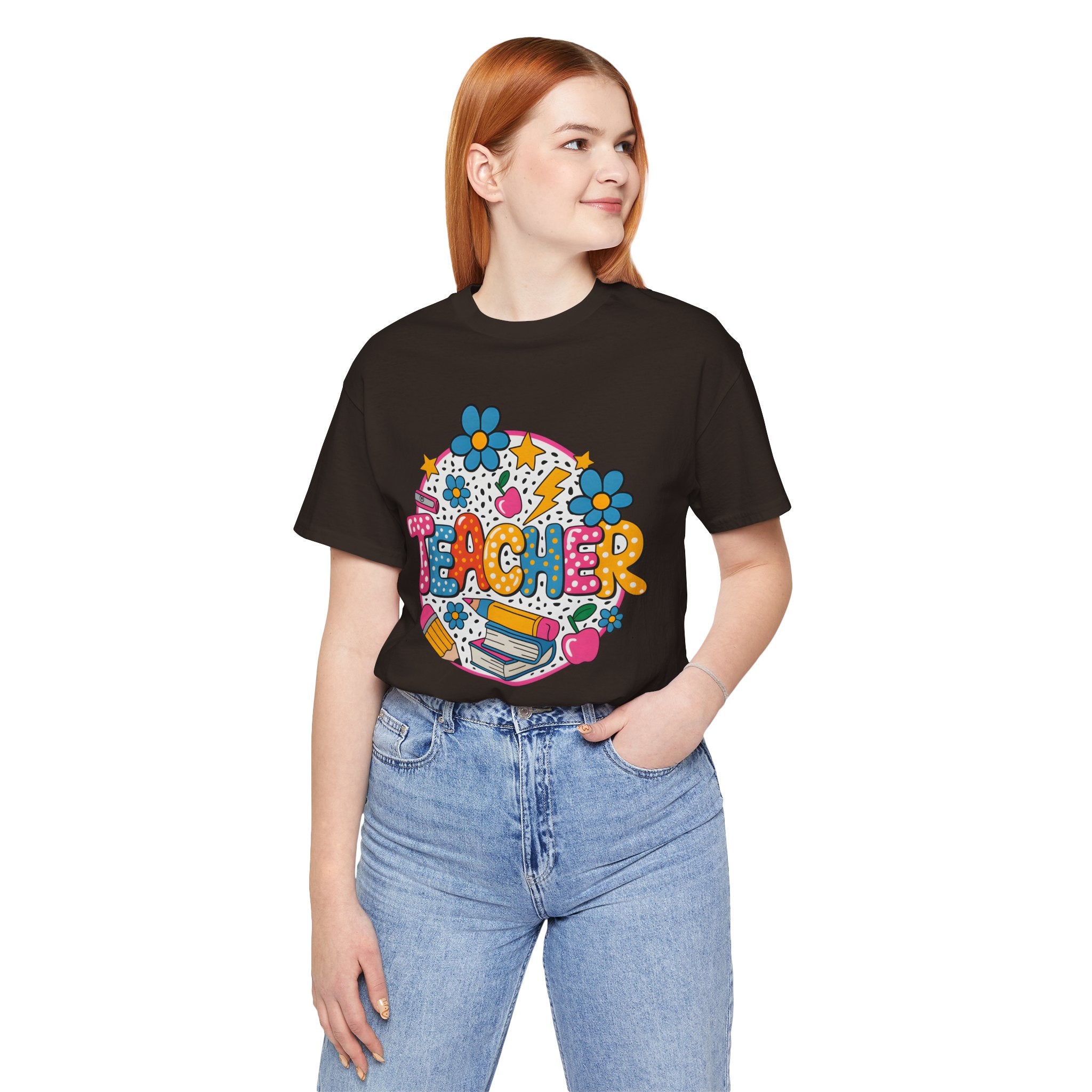 Teacher Doodle Graphic Tee — Colorful School Supplies Design