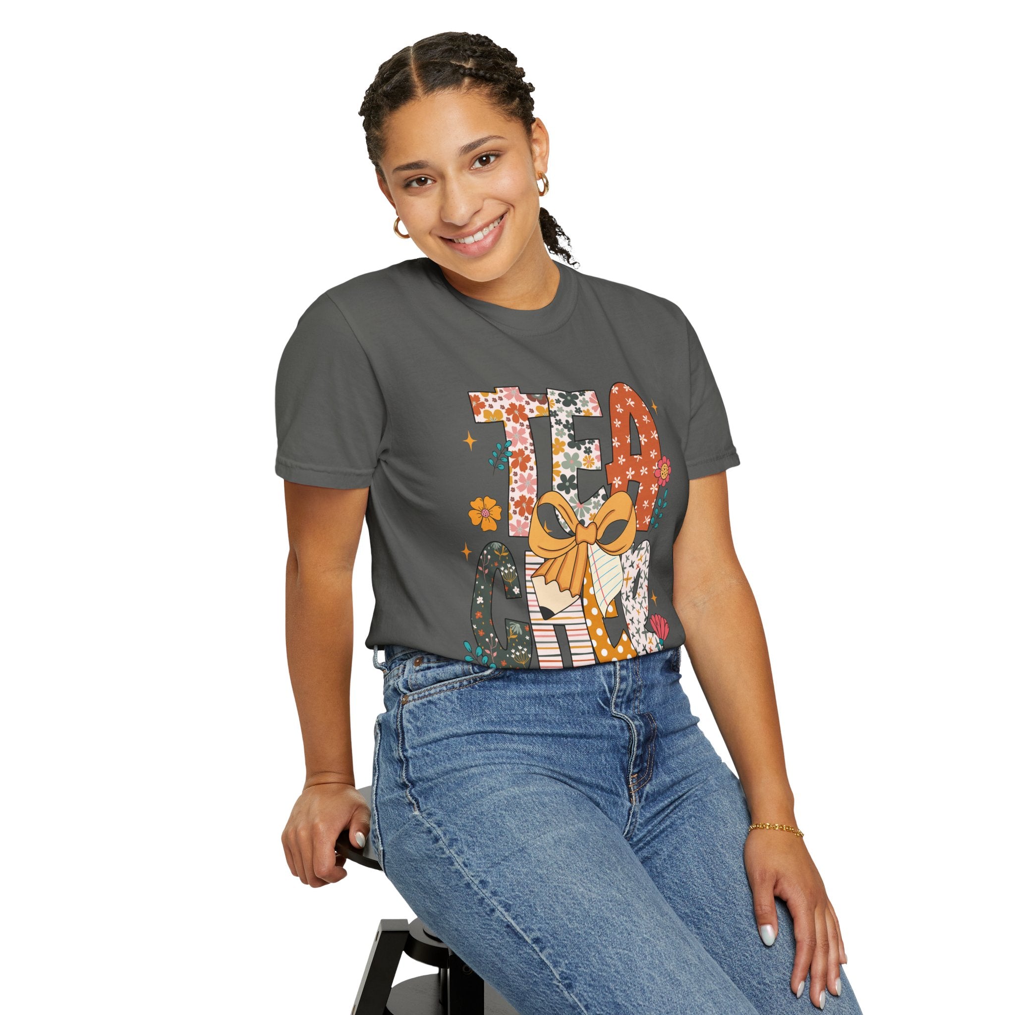 Teacher Graphic T-Shirt — Floral "Teacher" Design with Ribbon