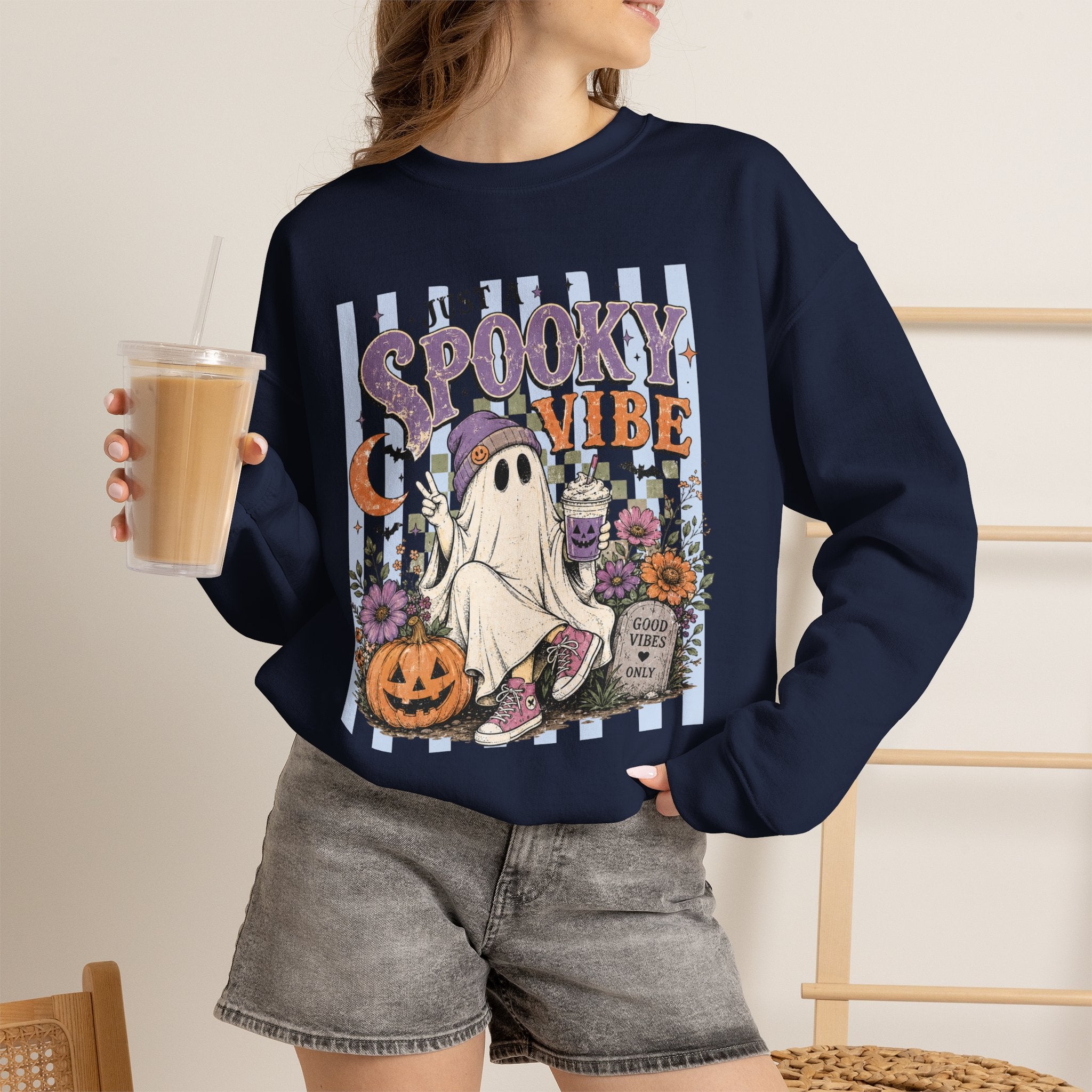 Spooky Vibe Crewneck Sweatshirt — Cute Halloween Ghost Pumpkin Graphic