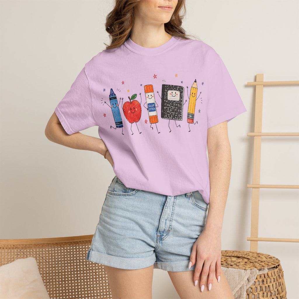 Cute School Supplies Teacher T-Shirt — Happy Apple, Crayon & Pencil Graphic Tee