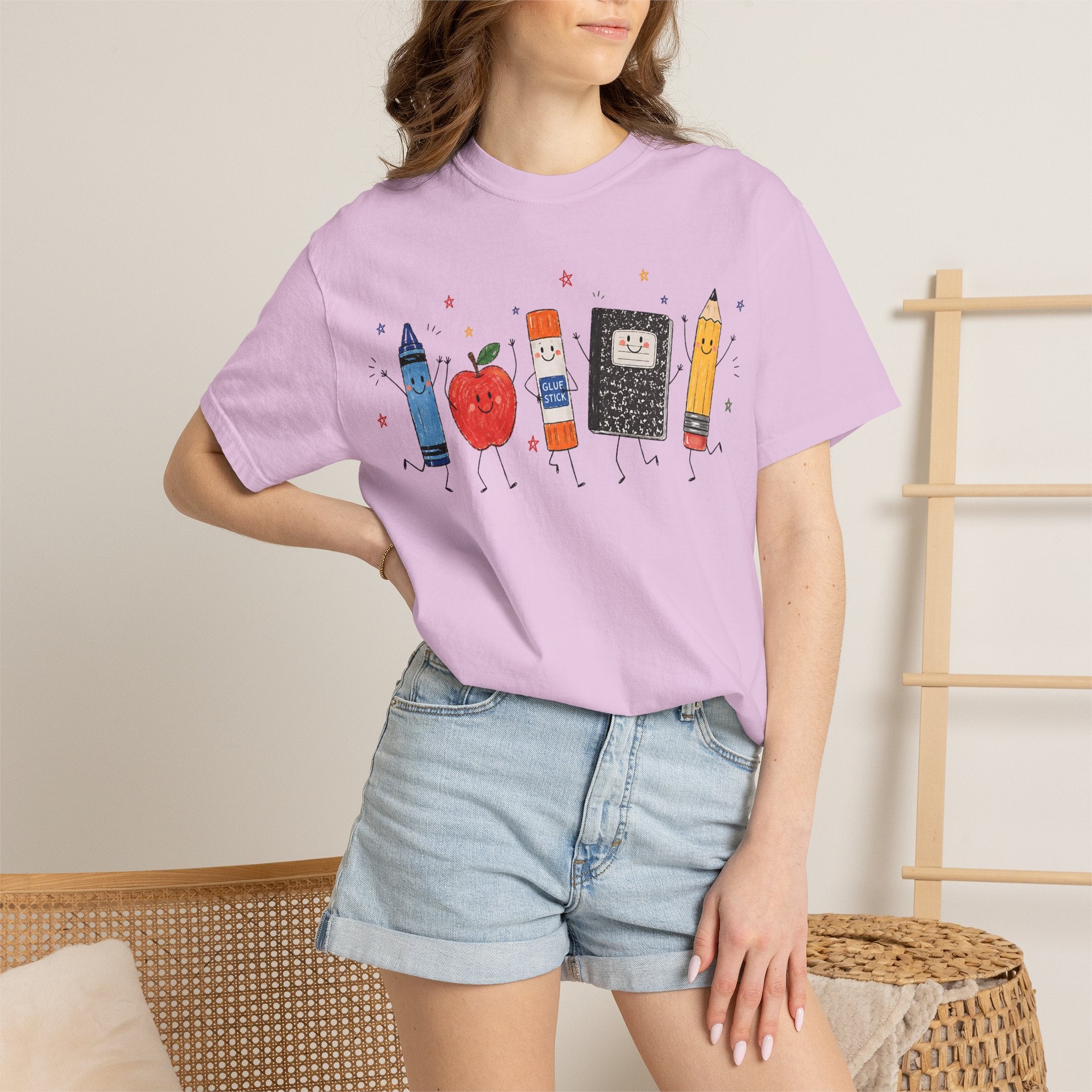Cute School Supplies Teacher T-Shirt — Happy Apple, Crayon & Pencil Graphic Tee