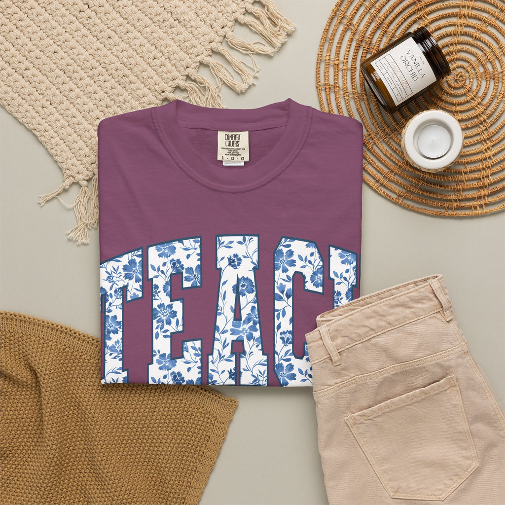 Teacher Floral Arch T-Shirt — 'TEACH' Blue Floral Print Tee