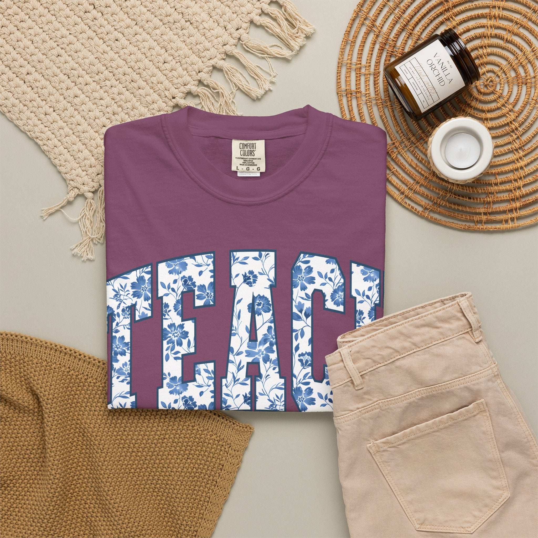 Teacher Floral Arch T-Shirt — 'TEACH' Blue Floral Print Tee