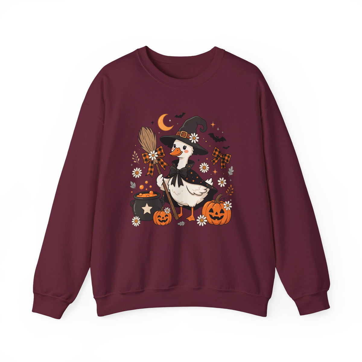 Halloween Duck Witch Crewneck Sweatshirt — Cute Pumpkin & Cauldron Graphic