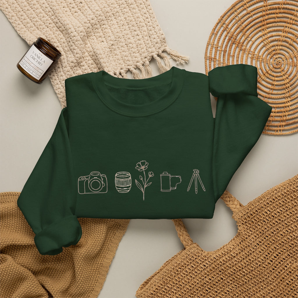 Photography Icons Crewneck Sweatshirt — Minimal Camera, Lens, Film & Tripod Design