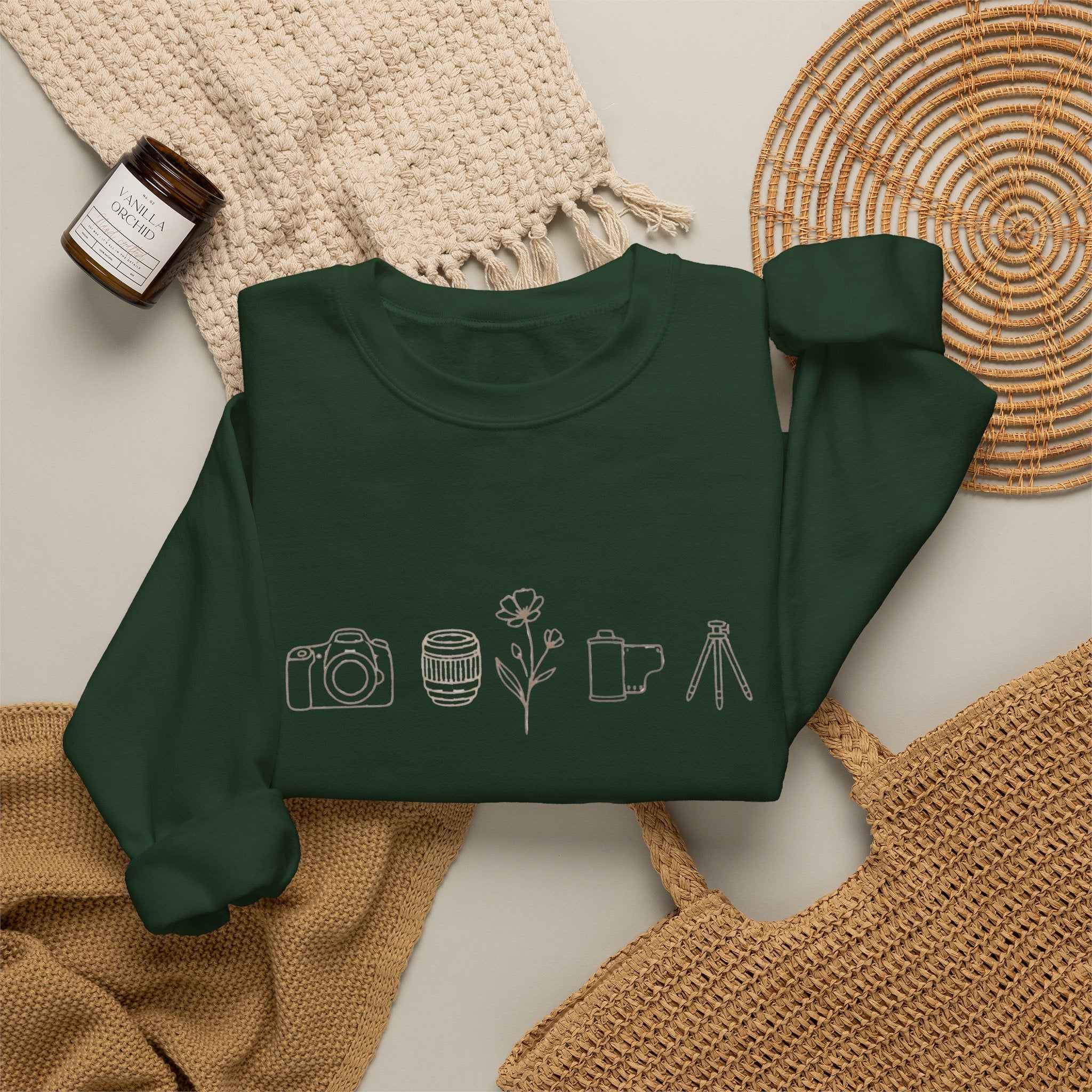 Photography Icons Crewneck Sweatshirt — Minimal Camera, Lens, Film & Tripod Design