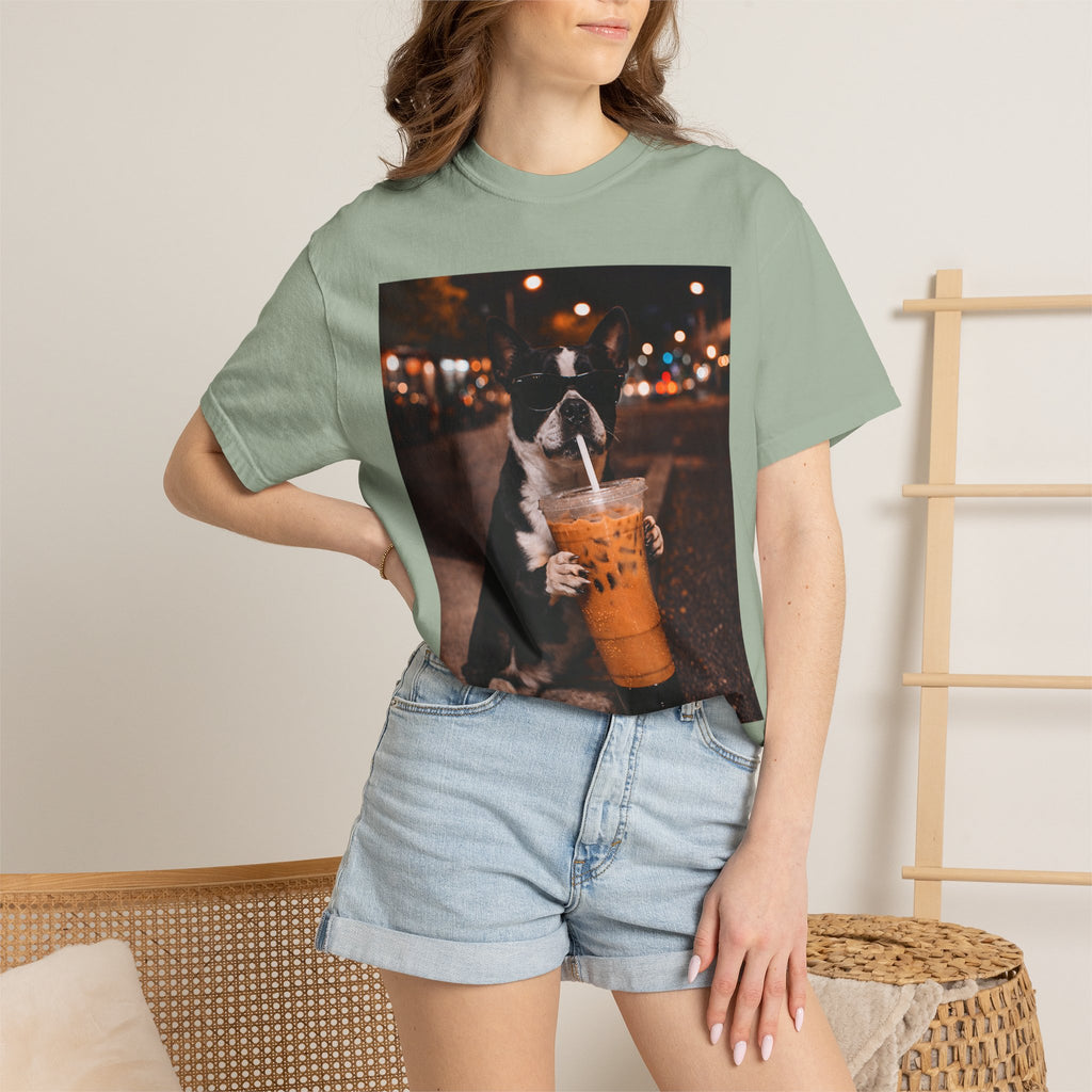 Boston Terrier Sipping Iced Coffee T-Shirt — Cute Dog Photo Tee