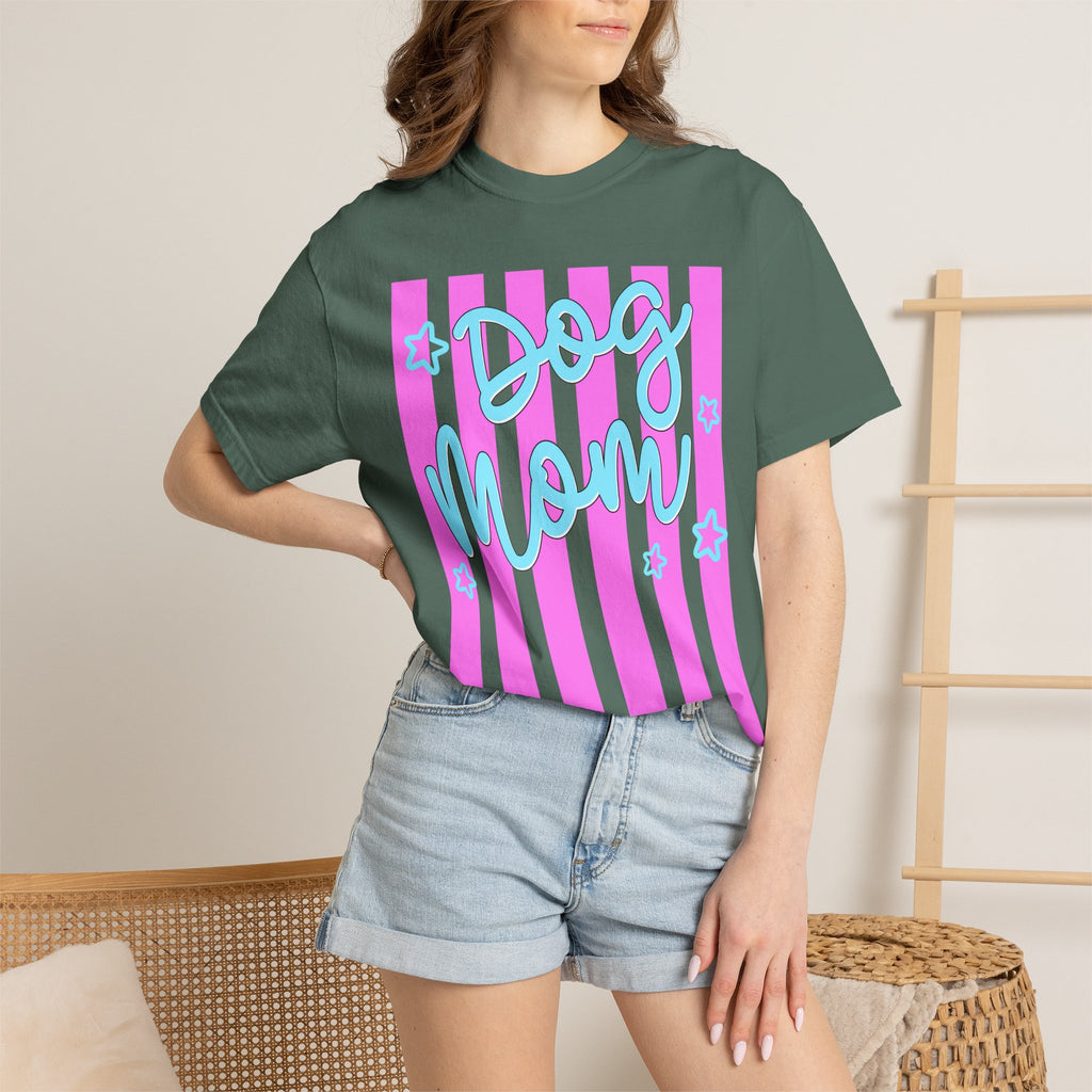 Dog Mom T-Shirt — Pastel Striped Graphic Tee for Pet Lovers